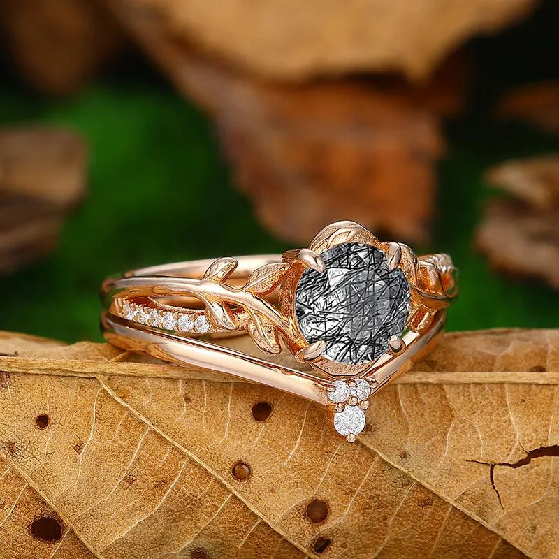 1.25CT Round Cut Filigree Leaf Vine Natural Black Rutilated Quartz Engagement Ring Rose Gold Shaped Band