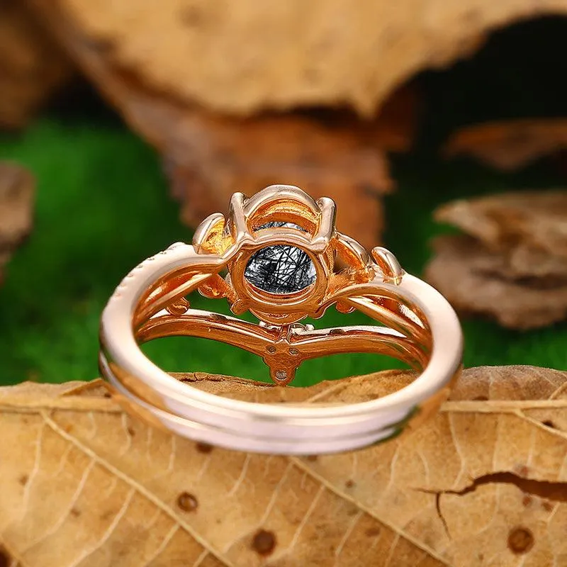 1.25CT Round Cut Filigree Leaf Vine Natural Black Rutilated Quartz Engagement Ring Rose Gold Shaped Band