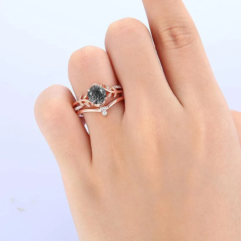 1.25CT Round Cut Filigree Leaf Vine Natural Black Rutilated Quartz Engagement Ring Rose Gold Shaped Band