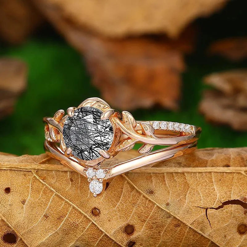 1.25CT Round Cut Filigree Leaf Vine Natural Black Rutilated Quartz Engagement Ring Rose Gold Shaped Band