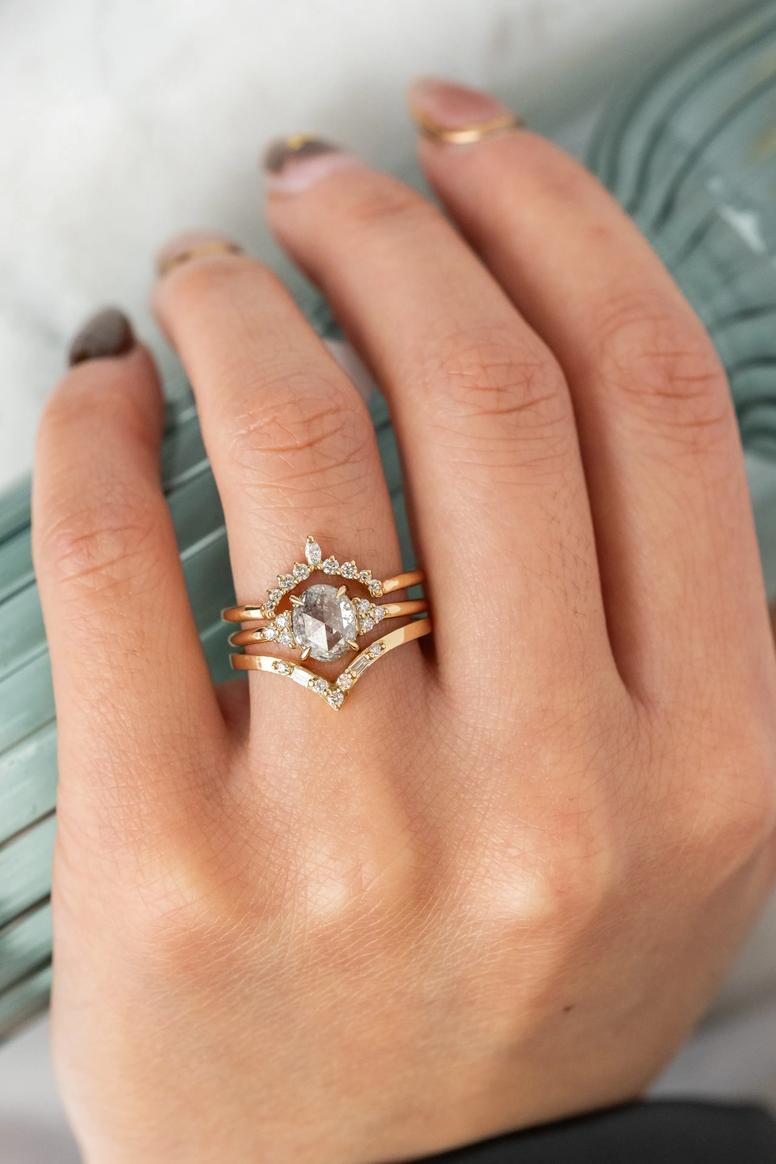 1.29 Carat Icy Salt and Pepper Oval Diamond Engagement Ring, Quinn Setting, 14K Yellow Gold