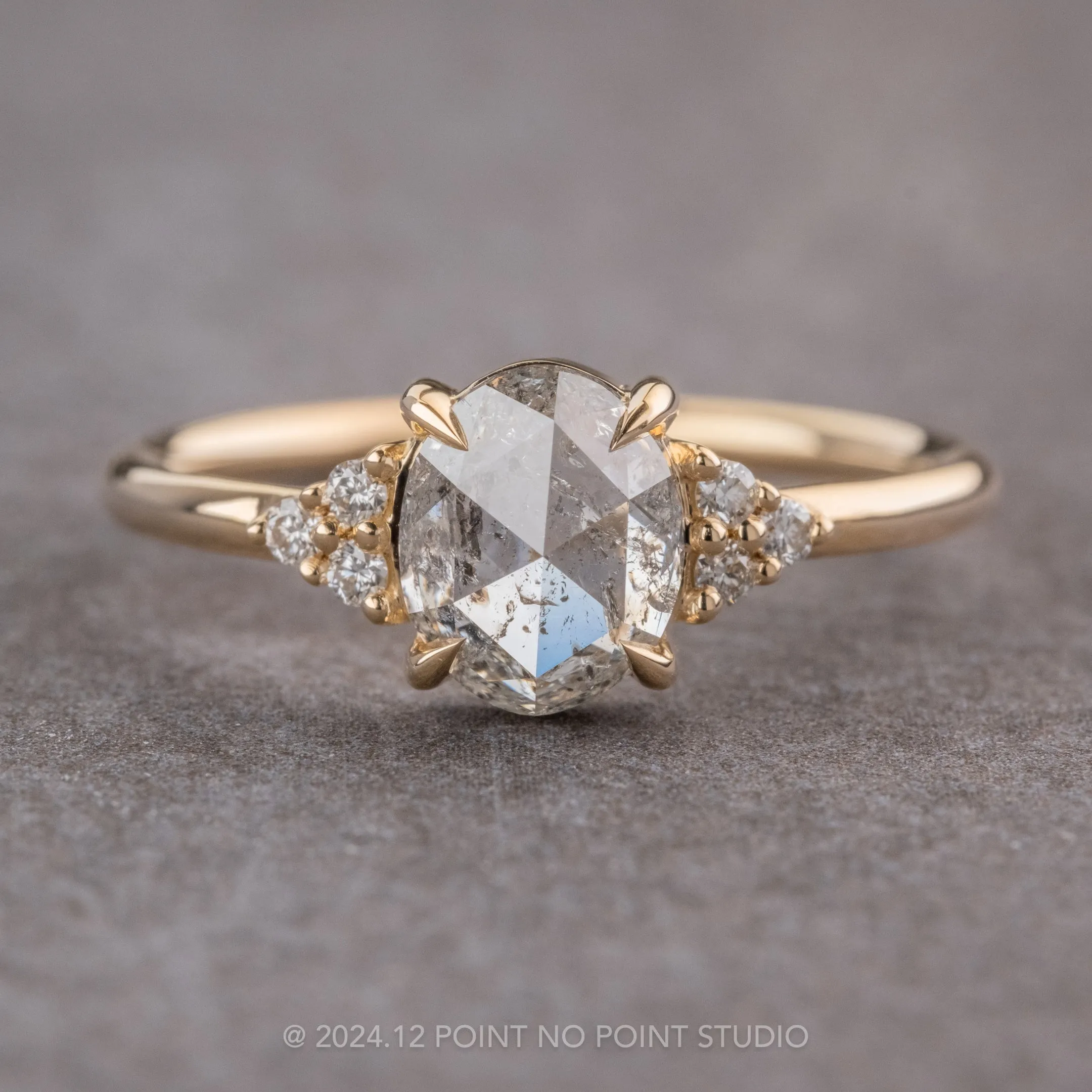 1.29 Carat Icy Salt and Pepper Oval Diamond Engagement Ring, Quinn Setting, 14K Yellow Gold