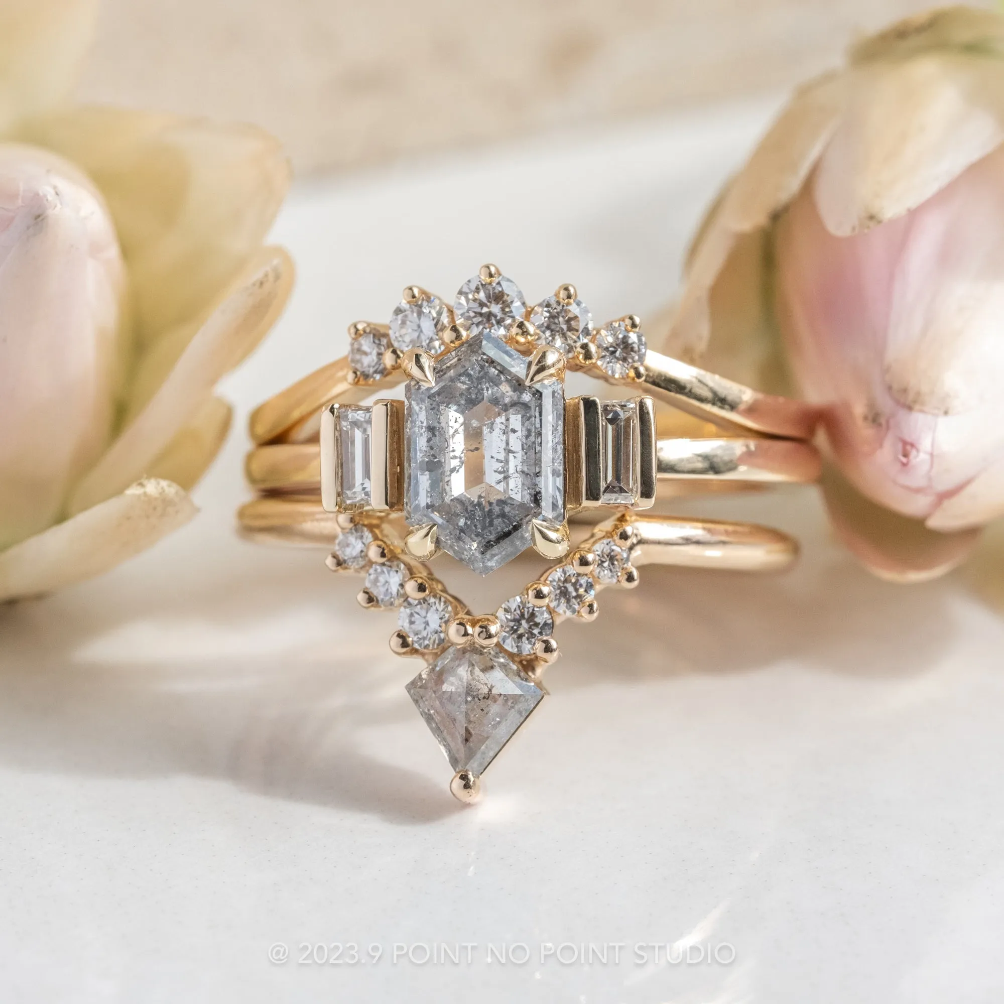 1.30 Carat Canadian Salt and Pepper Hexagon Diamond Engagement Ring, Zoe Setting, 14K Yellow Gold