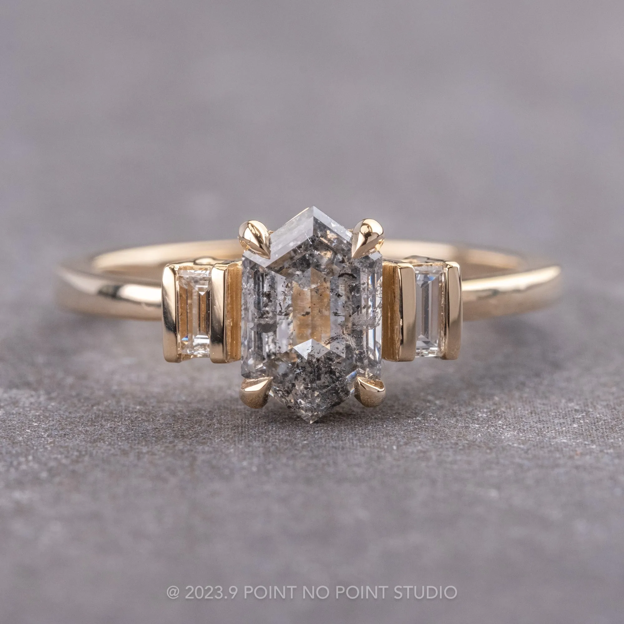 1.30 Carat Canadian Salt and Pepper Hexagon Diamond Engagement Ring, Zoe Setting, 14K Yellow Gold