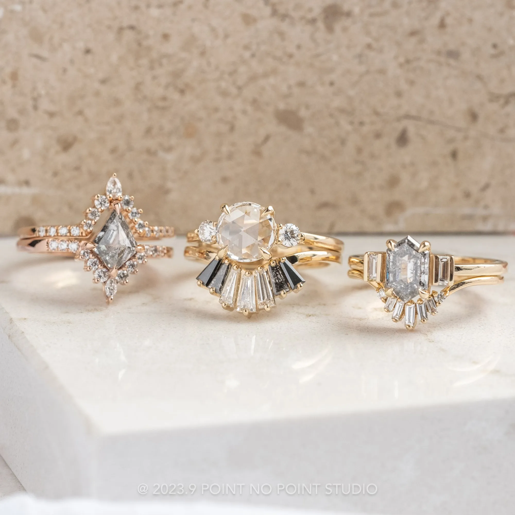 1.30 Carat Canadian Salt and Pepper Hexagon Diamond Engagement Ring, Zoe Setting, 14K Yellow Gold
