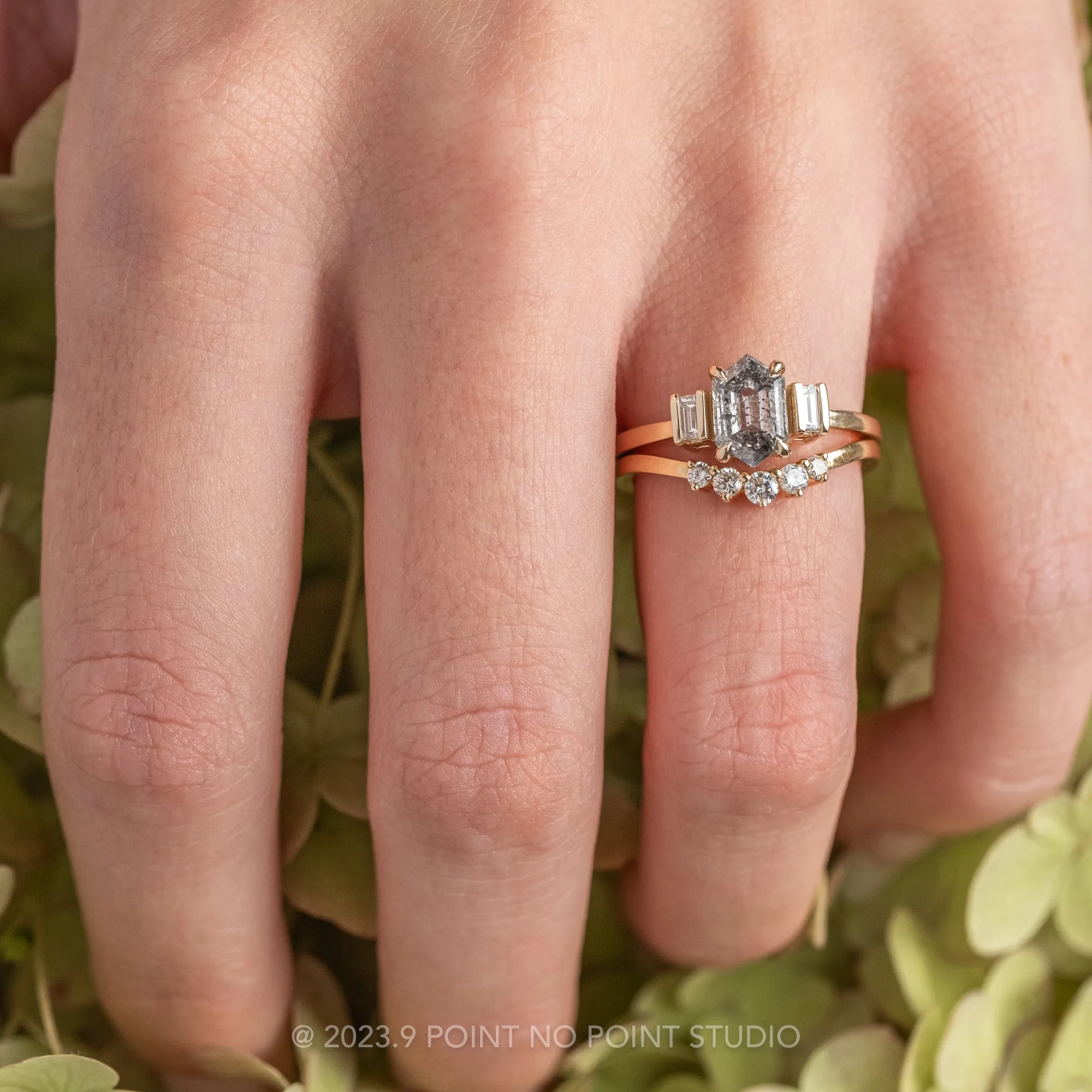 1.30 Carat Canadian Salt and Pepper Hexagon Diamond Engagement Ring, Zoe Setting, 14K Yellow Gold