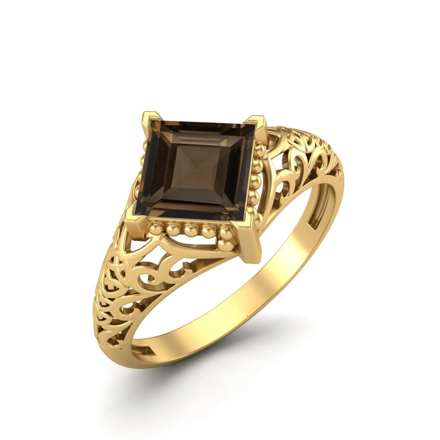 1.30 Ctw Square Smoky Quartz Ring Unique Bridal Ring Art Deco Filigree Ring