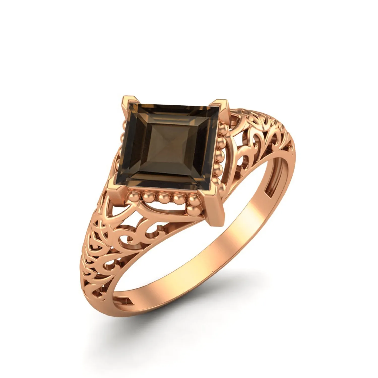 1.30 Ctw Square Smoky Quartz Ring Unique Bridal Ring Art Deco Filigree Ring