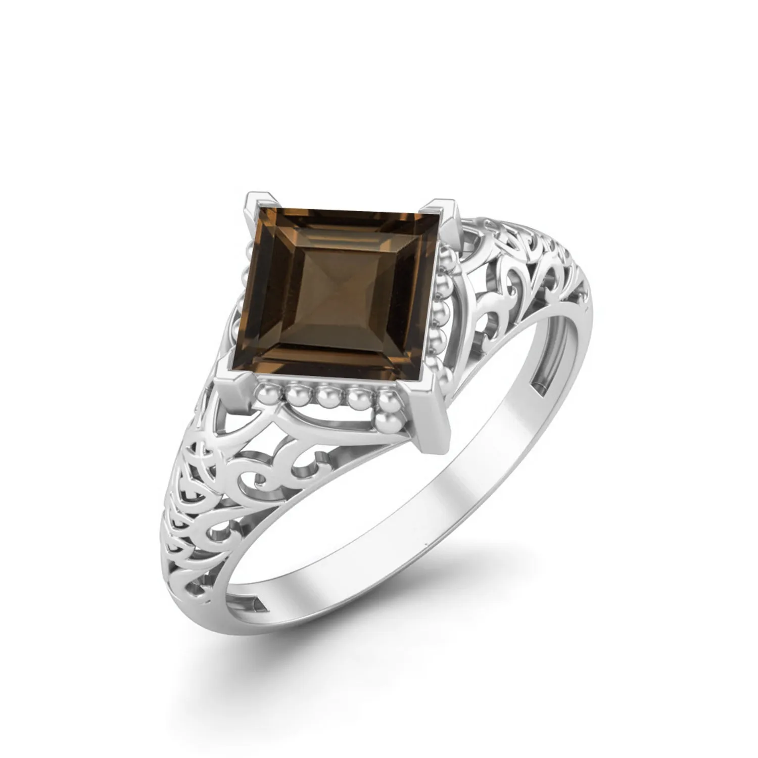 1.30 Ctw Square Smoky Quartz Ring Unique Bridal Ring Art Deco Filigree Ring