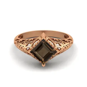 1.30 Ctw Square Smoky Quartz Ring Unique Bridal Ring Art Deco Filigree Ring