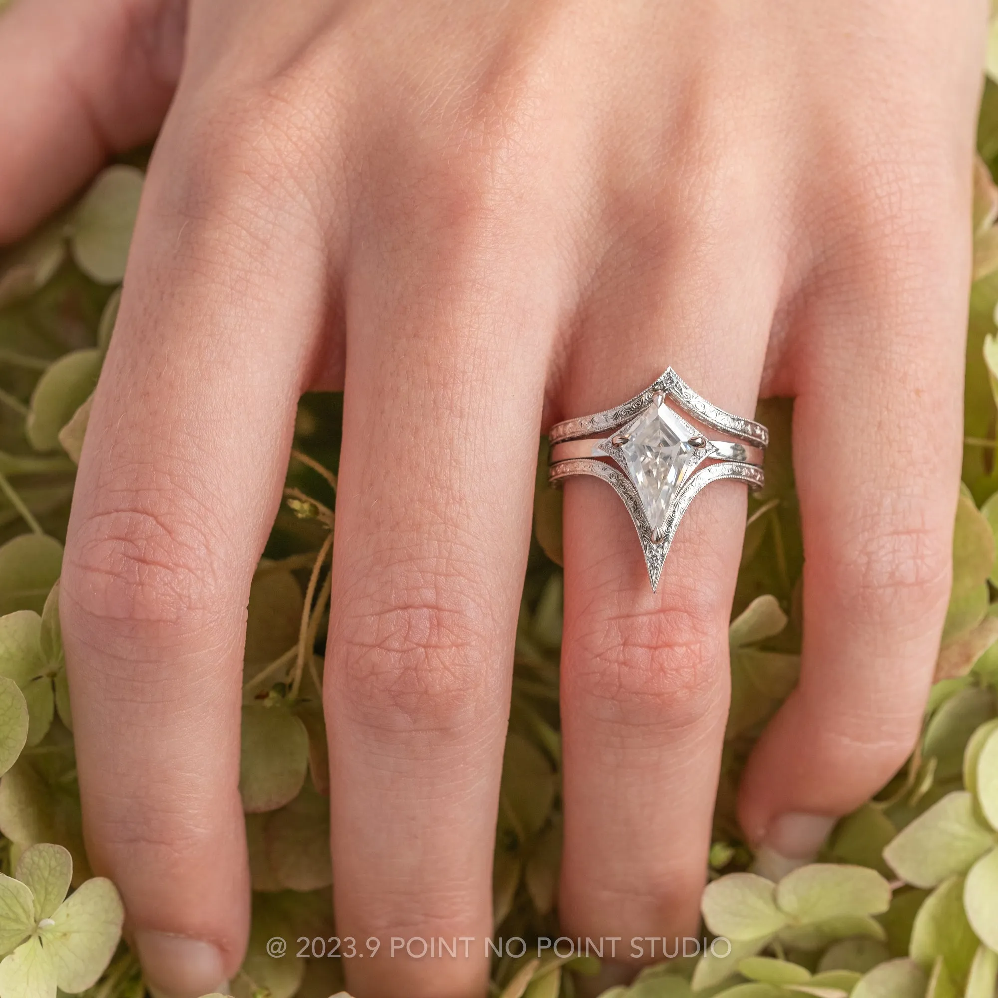 1.31 Carat Kite Moissanite and Diamond Engagement Ring, Aela Setting, Platinum
