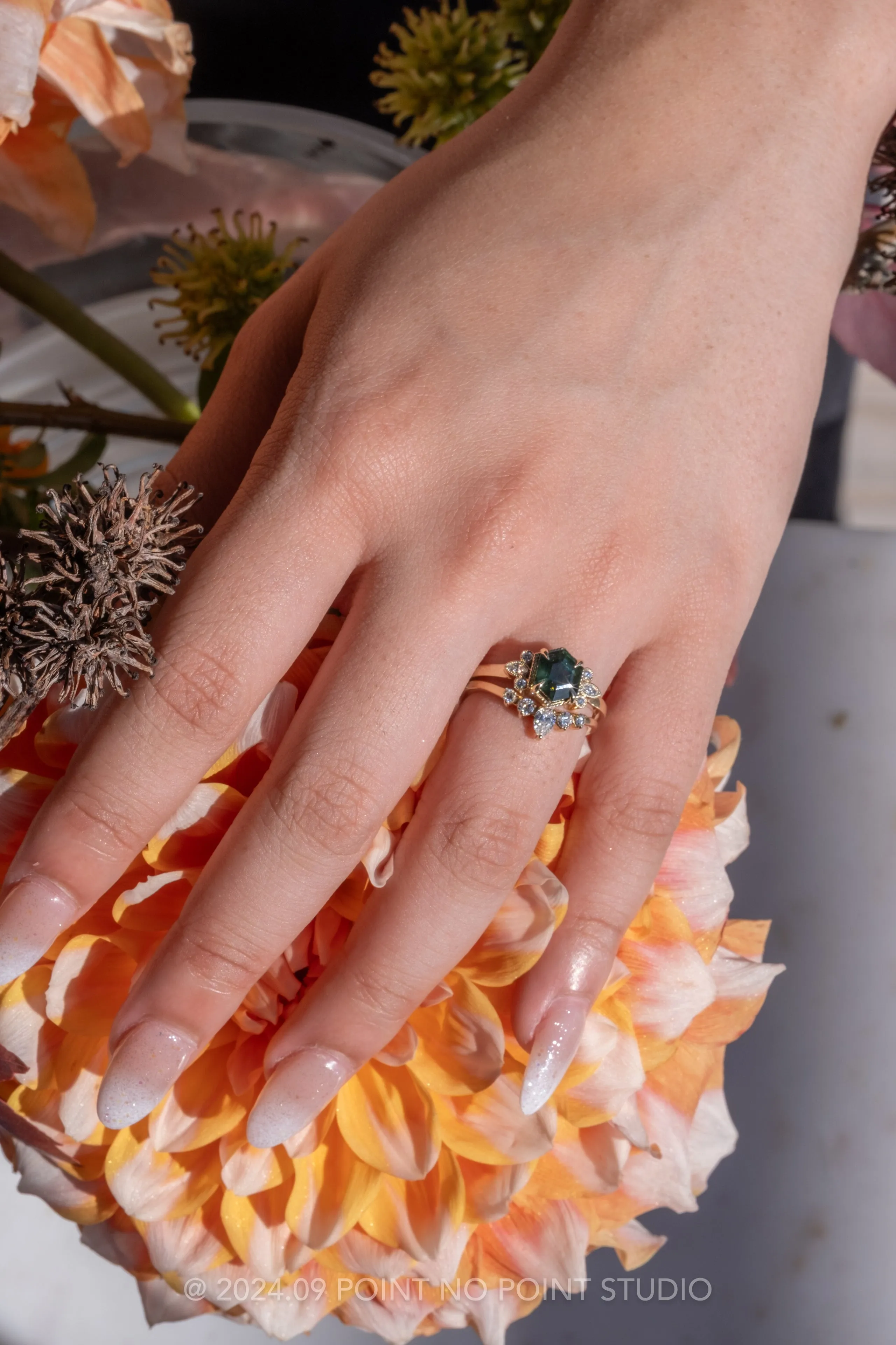 1.32 Carat Teal Hexagon Sapphire and Diamond Engagement Ring, Vintage Charlotte Setting, 14k Yellow Gold