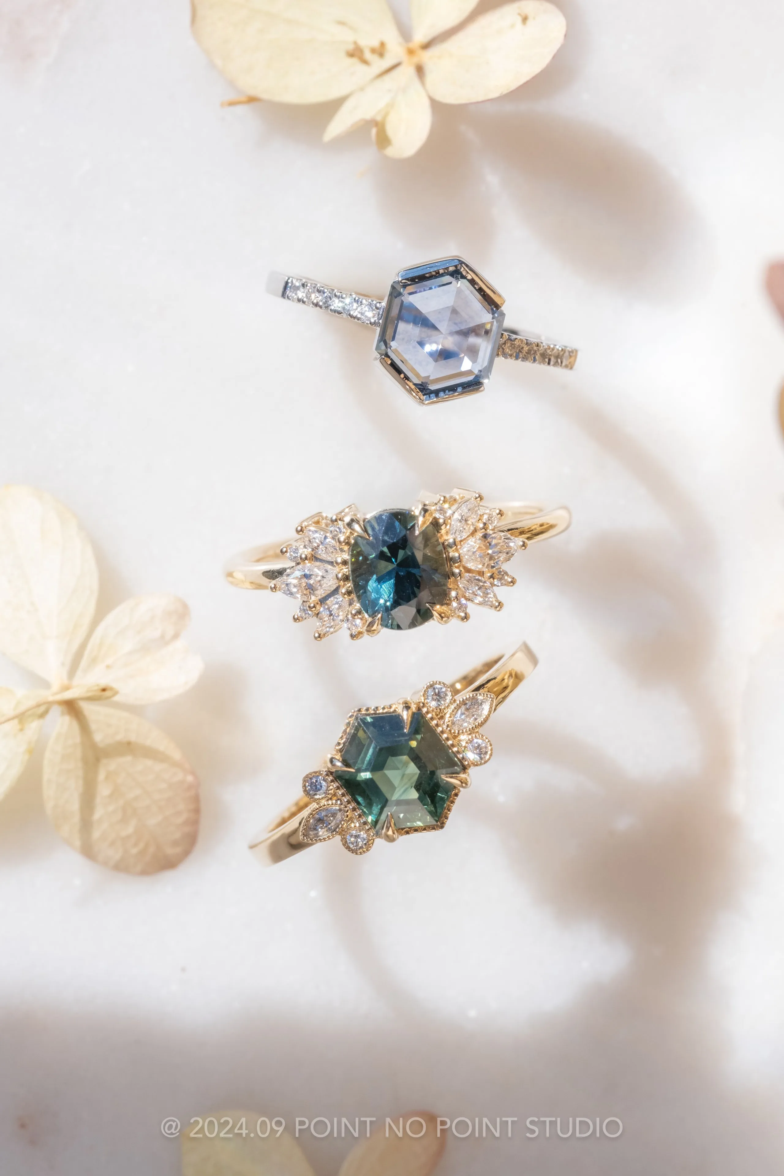 1.32 Carat Teal Hexagon Sapphire and Diamond Engagement Ring, Vintage Charlotte Setting, 14k Yellow Gold