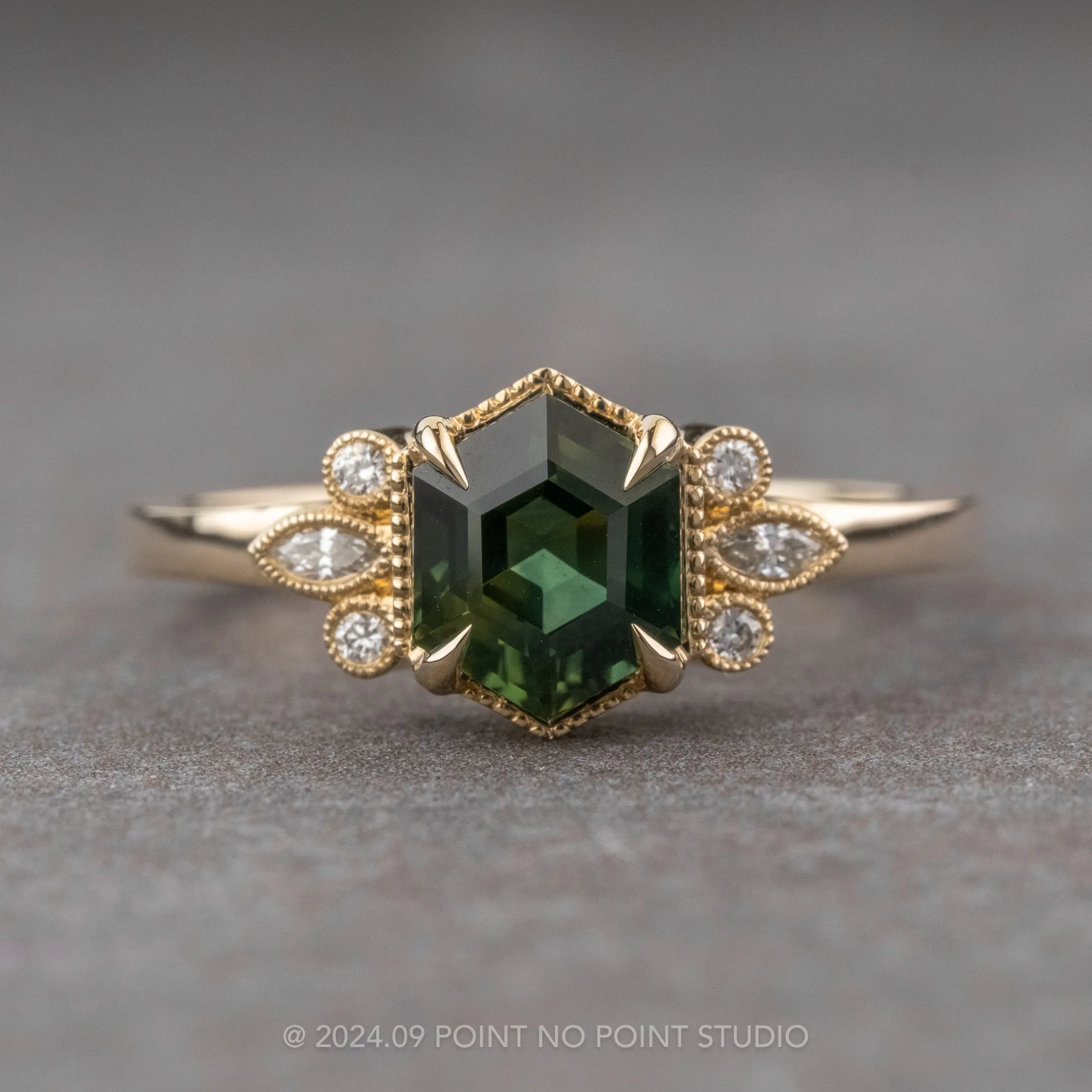 1.32 Carat Teal Hexagon Sapphire and Diamond Engagement Ring, Vintage Charlotte Setting, 14k Yellow Gold