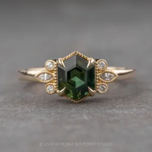1.32 Carat Teal Hexagon Sapphire and Diamond Engagement Ring, Vintage Charlotte Setting, 14k Yellow Gold