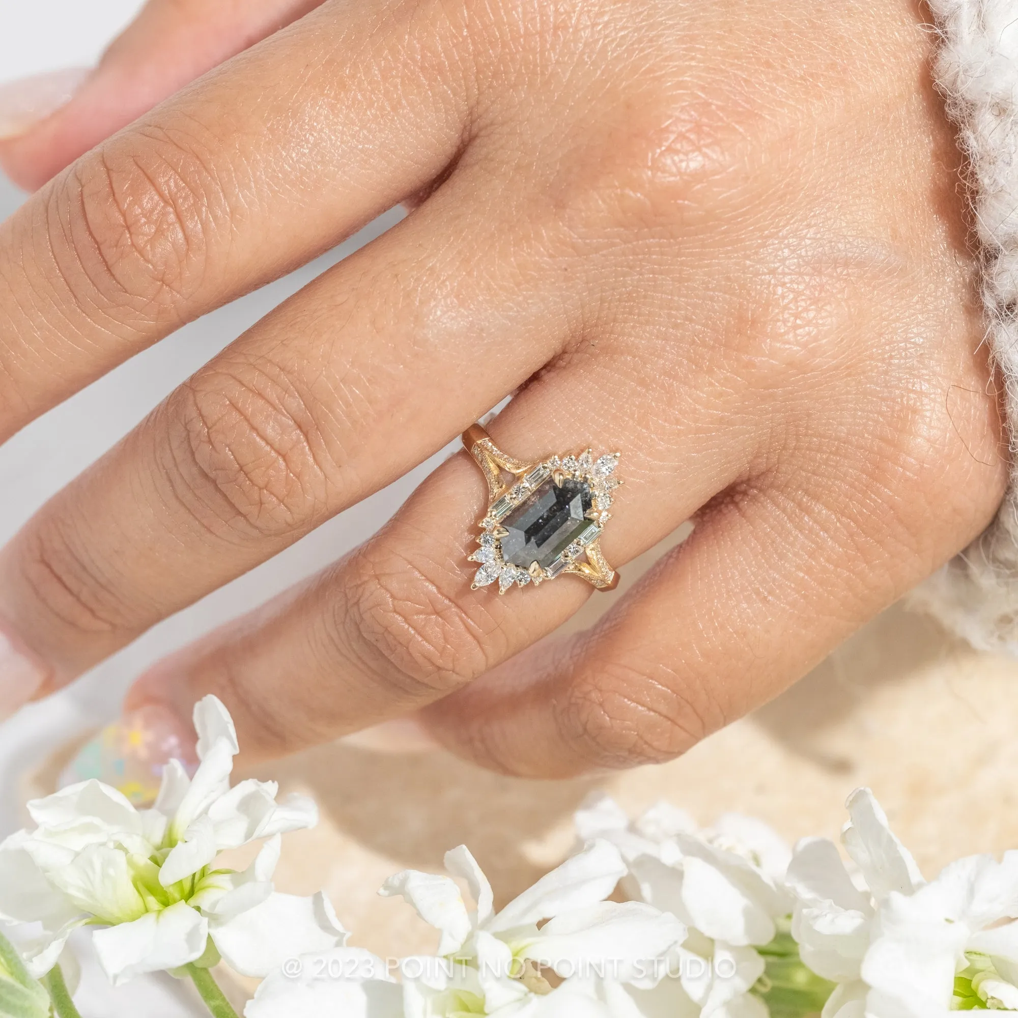 1.34 Carat Black Hexagon Diamond Engagement Ring, Amelia Setting, 14K Yellow Gold
