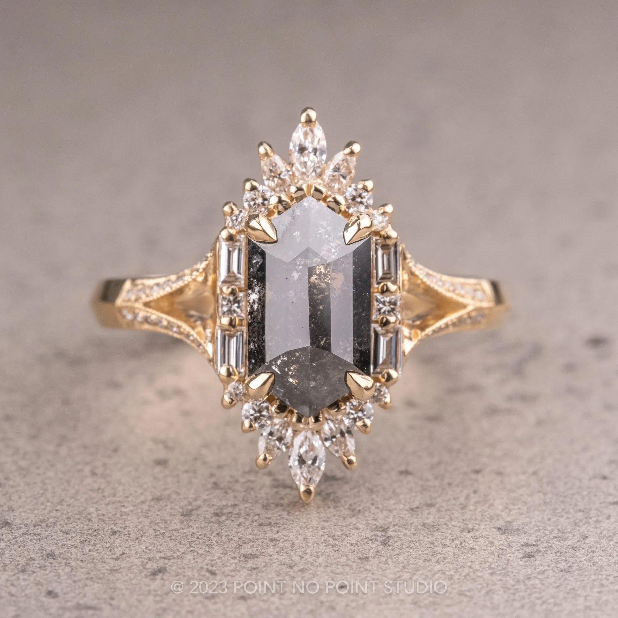 1.34 Carat Black Hexagon Diamond Engagement Ring, Amelia Setting, 14K Yellow Gold
