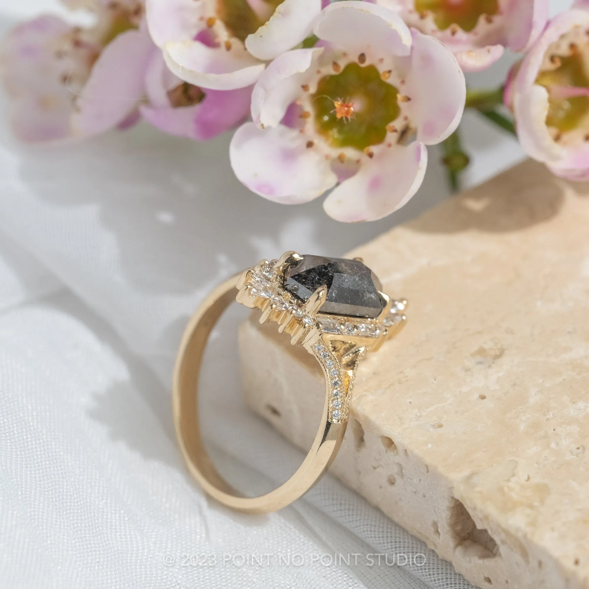 1.34 Carat Black Hexagon Diamond Engagement Ring, Amelia Setting, 14K Yellow Gold