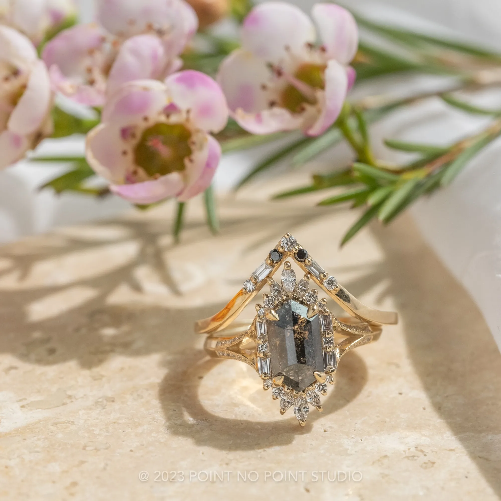 1.34 Carat Black Hexagon Diamond Engagement Ring, Amelia Setting, 14K Yellow Gold
