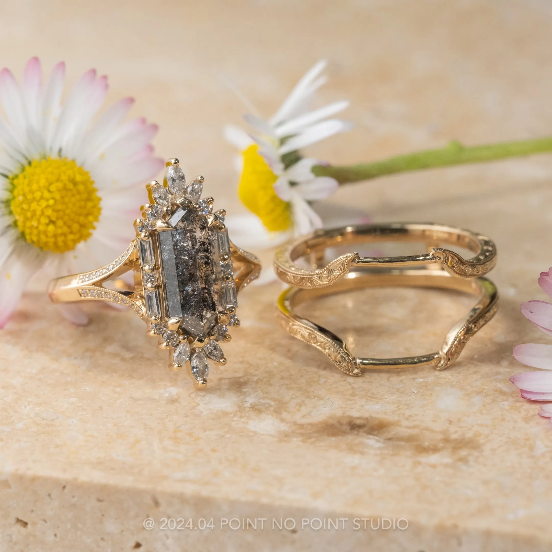1.34 Carat Black Hexagon Diamond Engagement Ring, Amelia Setting, 14K Yellow Gold