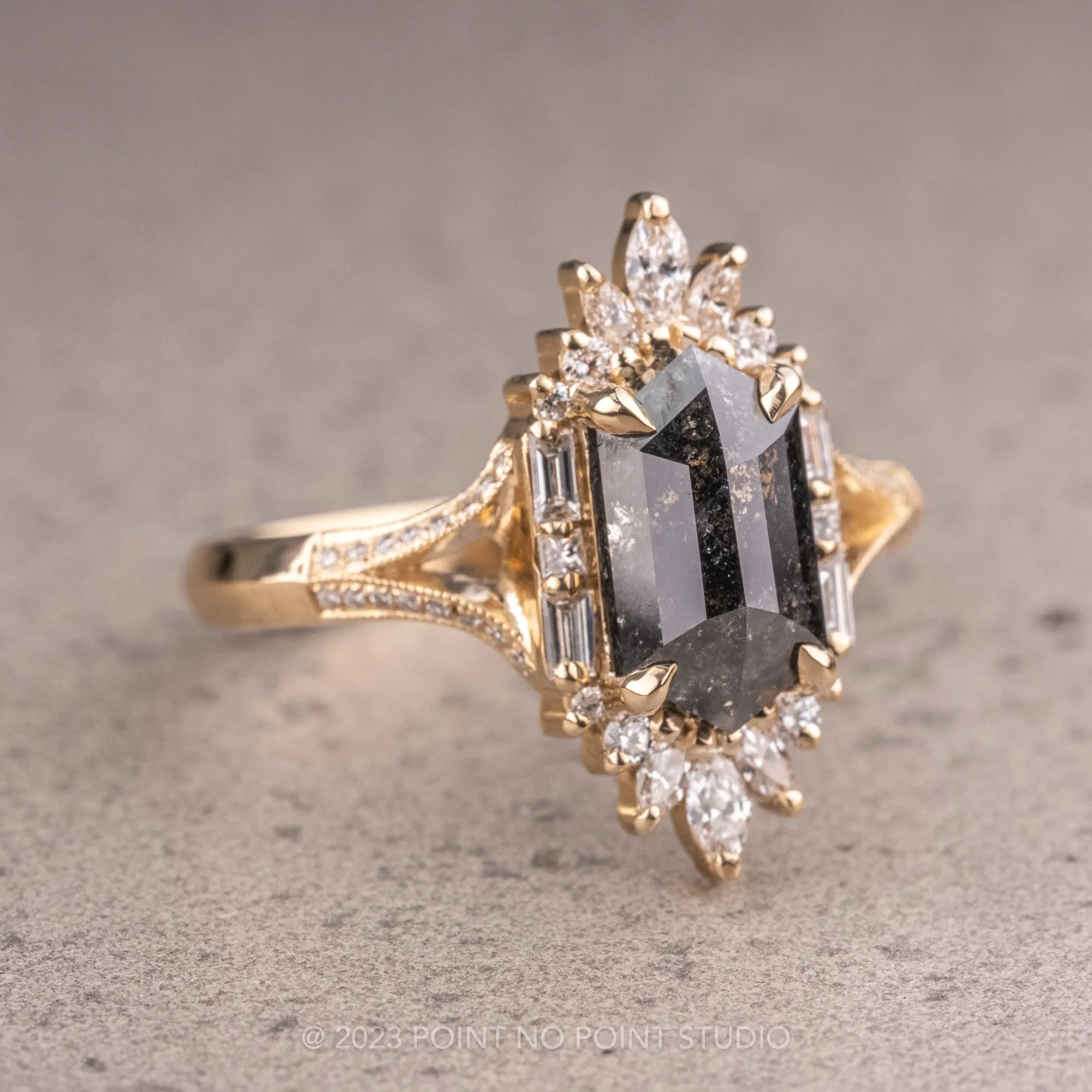 1.34 Carat Black Hexagon Diamond Engagement Ring, Amelia Setting, 14K Yellow Gold