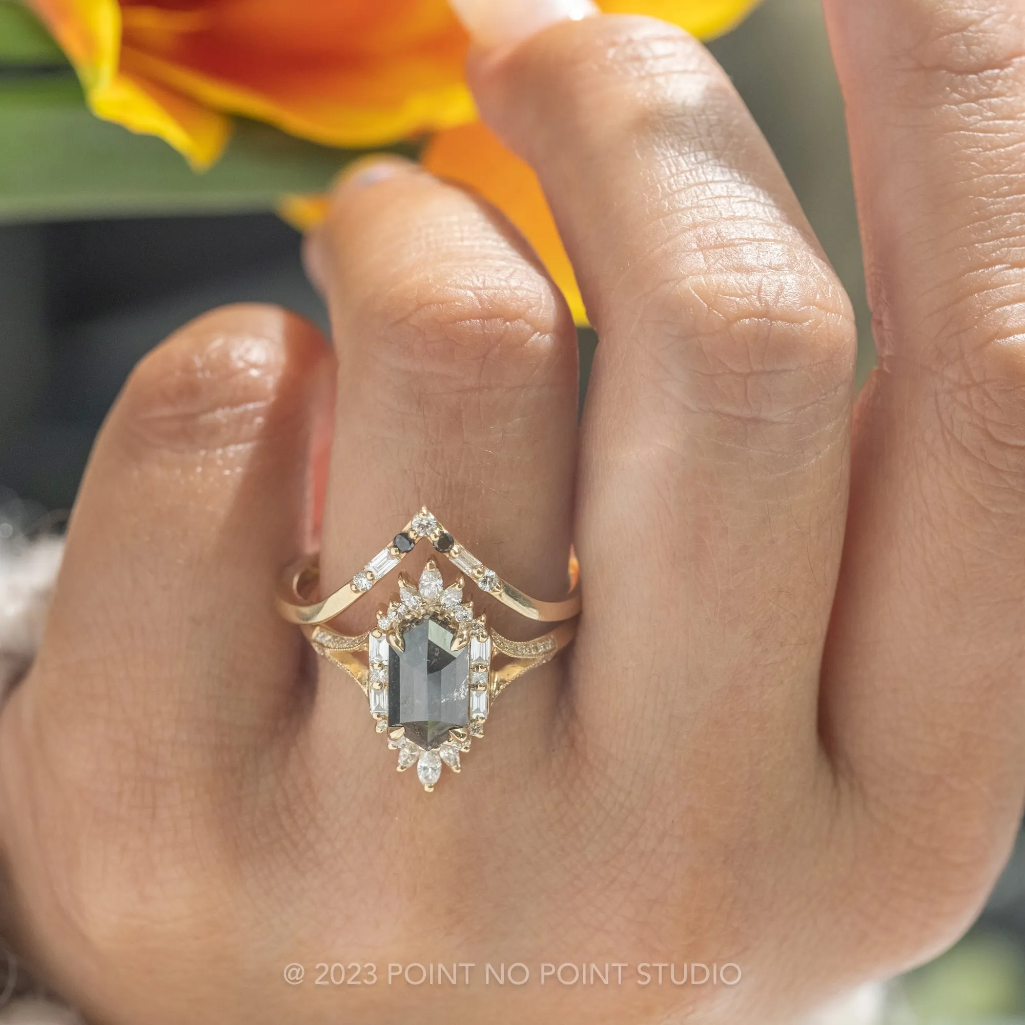 1.34 Carat Black Hexagon Diamond Engagement Ring, Amelia Setting, 14K Yellow Gold