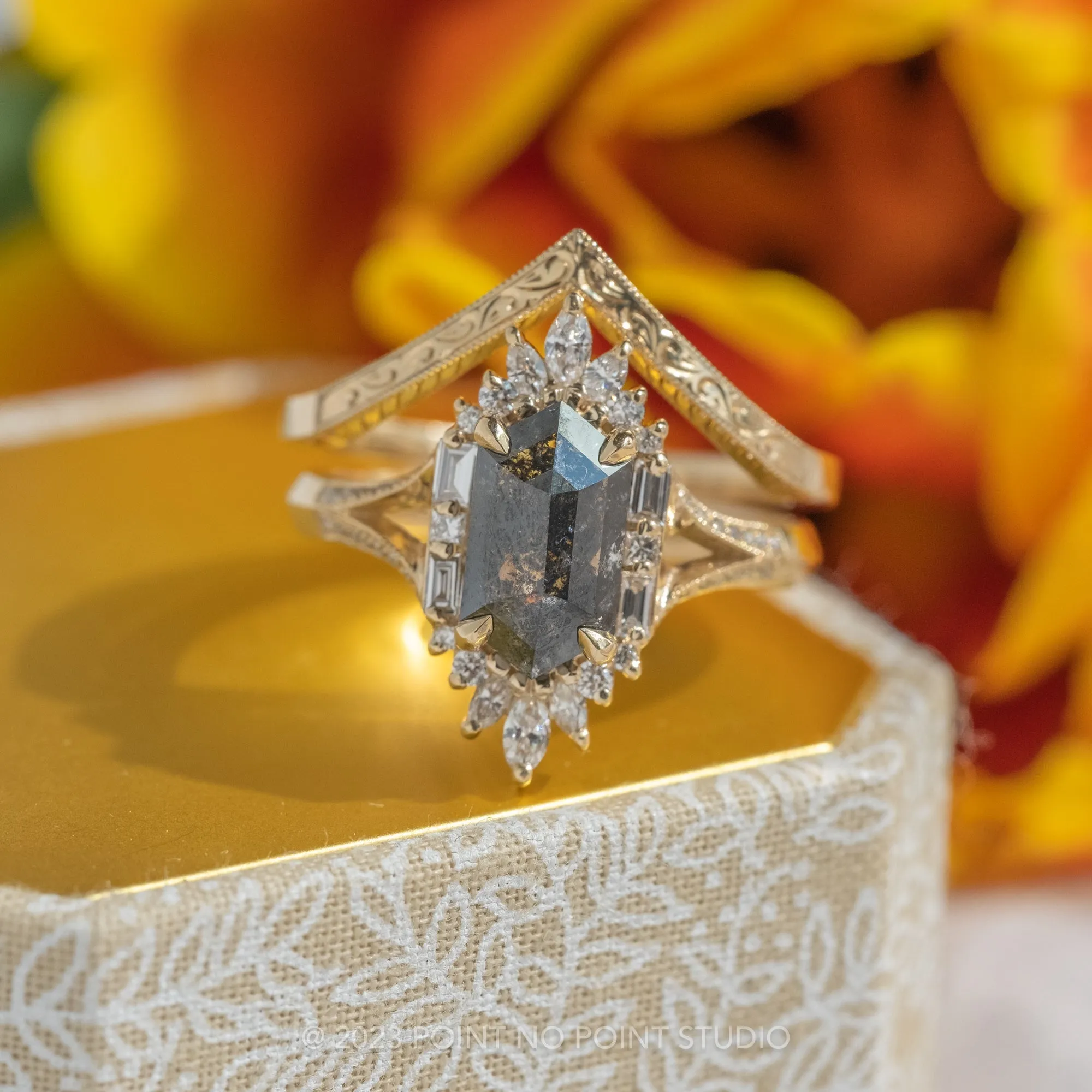 1.34 Carat Black Hexagon Diamond Engagement Ring, Amelia Setting, 14K Yellow Gold