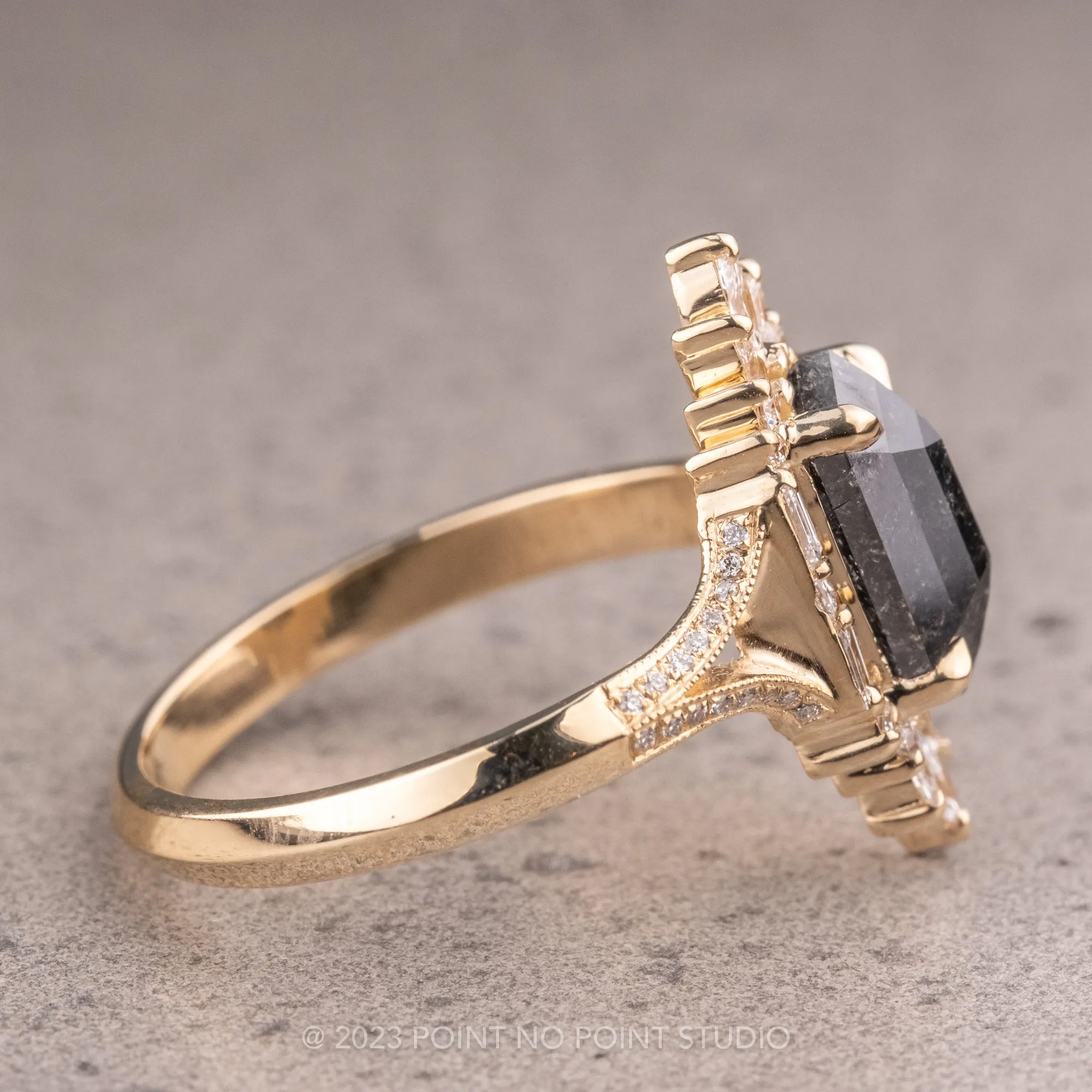 1.34 Carat Black Hexagon Diamond Engagement Ring, Amelia Setting, 14K Yellow Gold