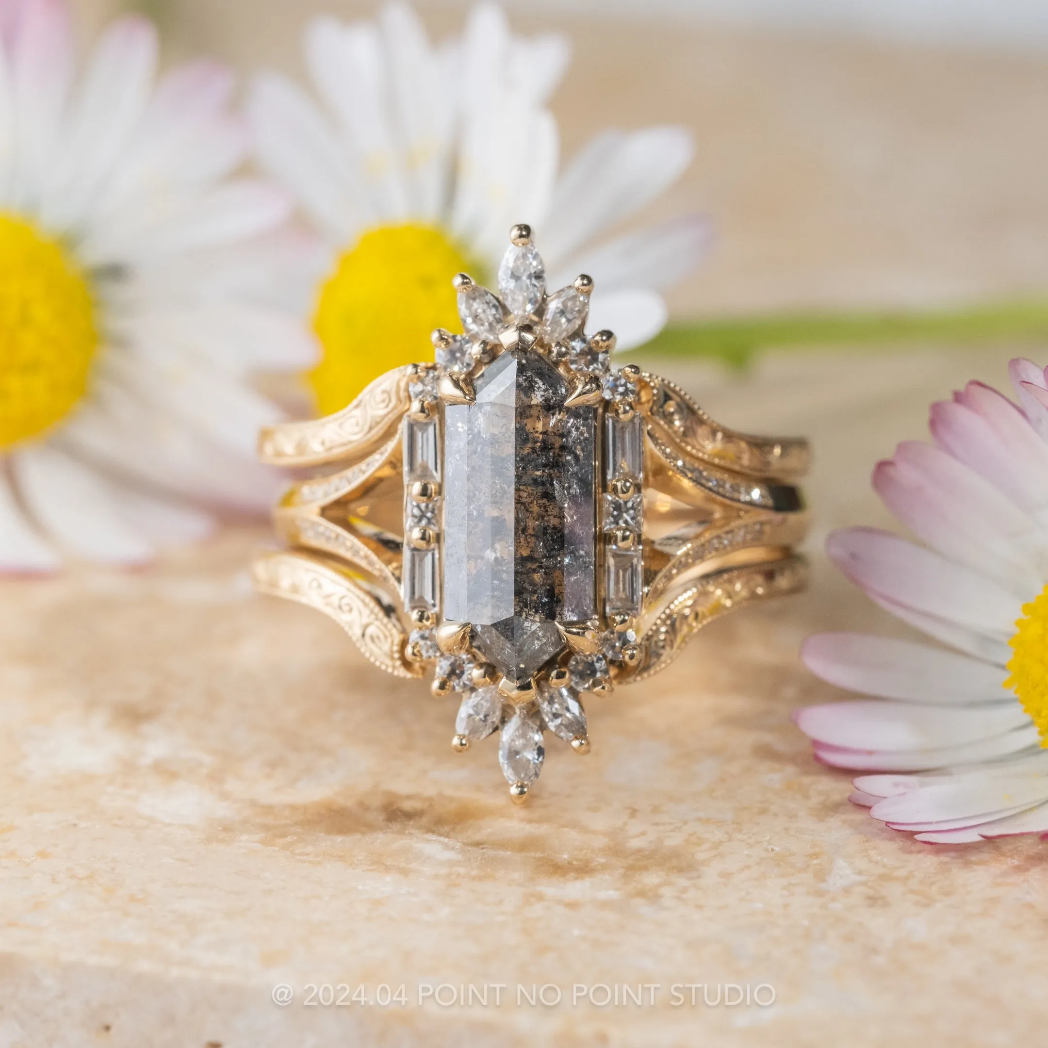 1.34 Carat Black Hexagon Diamond Engagement Ring, Amelia Setting, 14K Yellow Gold