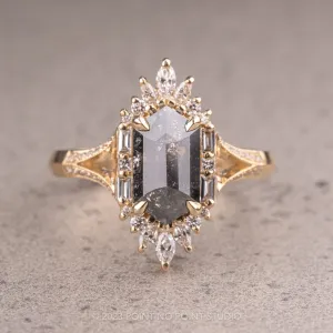 1.34 Carat Black Hexagon Diamond Engagement Ring, Amelia Setting, 14K Yellow Gold