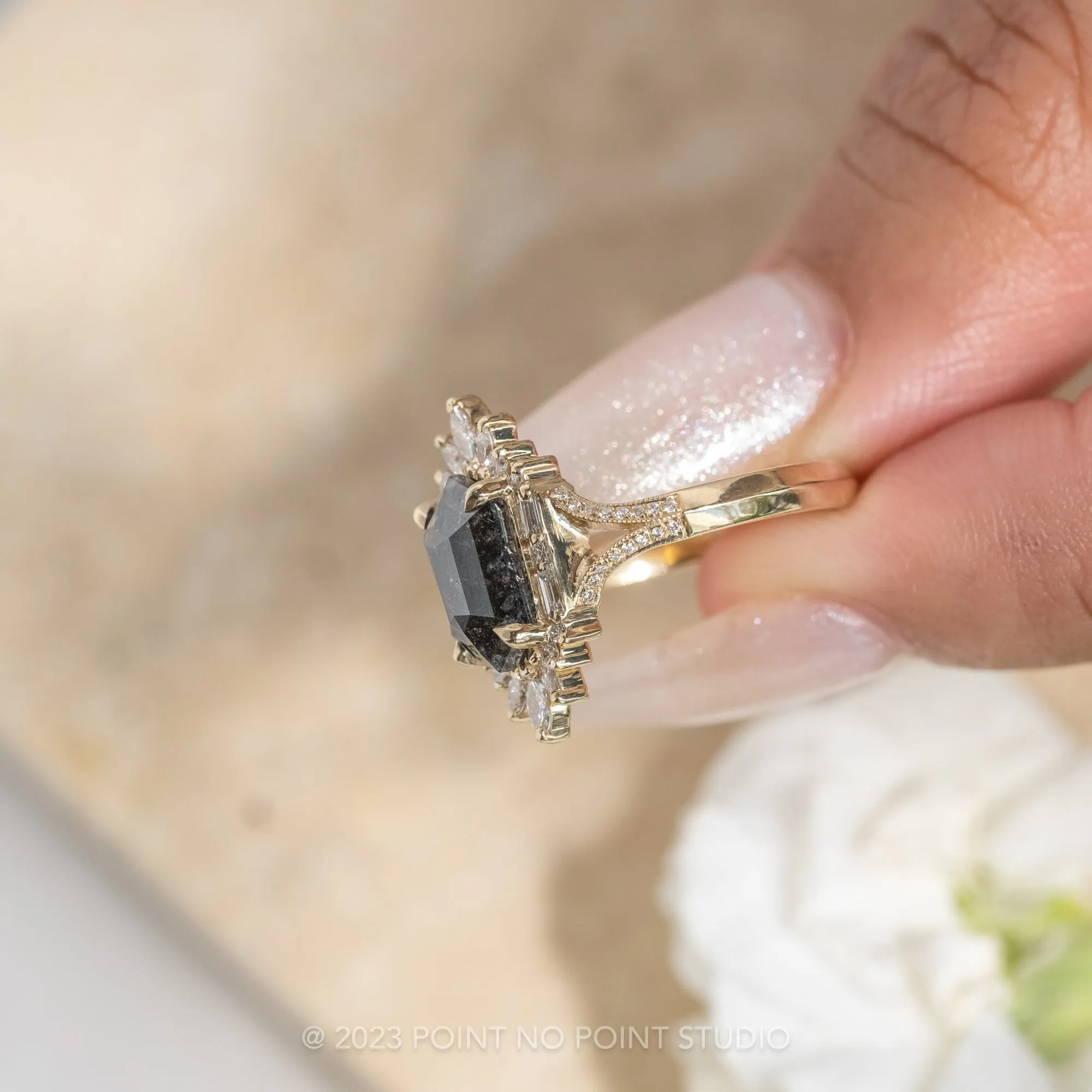1.34 Carat Black Hexagon Diamond Engagement Ring, Amelia Setting, 14K Yellow Gold