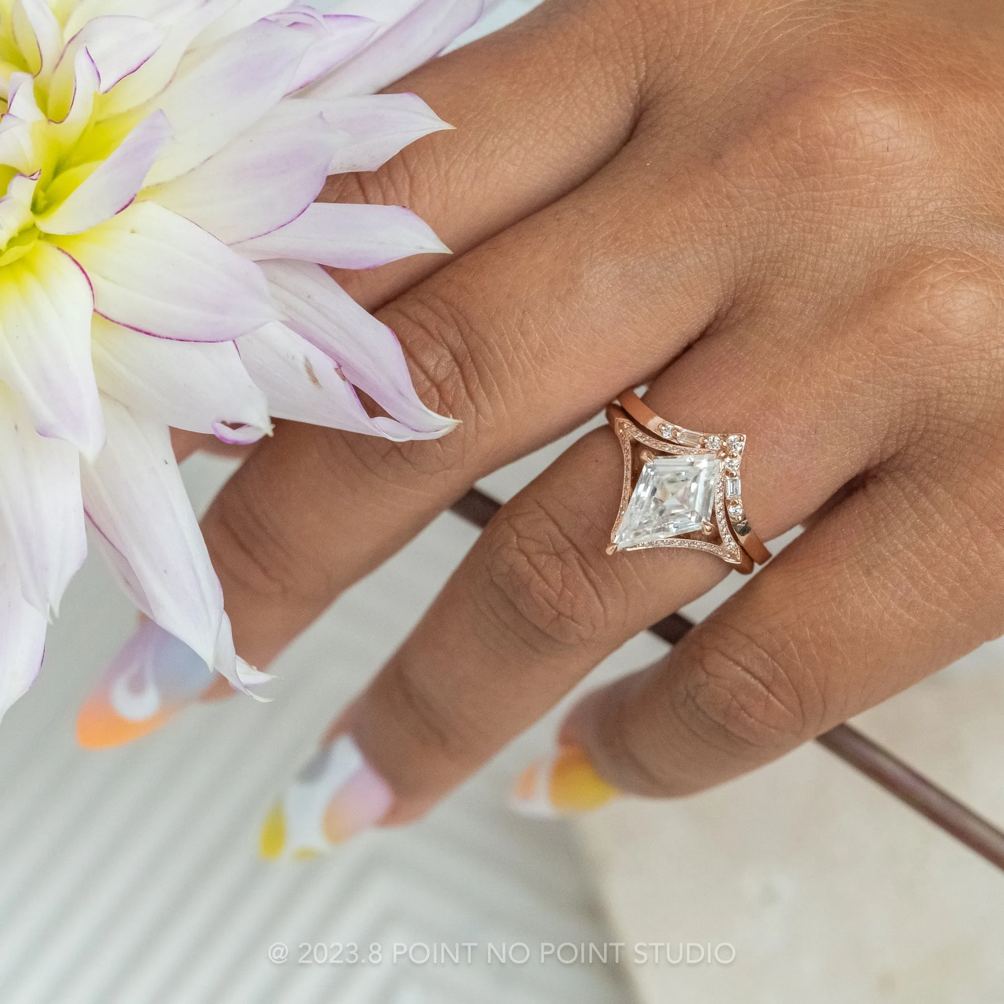 1.34 Carat White Kite Moissanite Engagement Ring, Mackenzie Setting, 14K Rose Gold