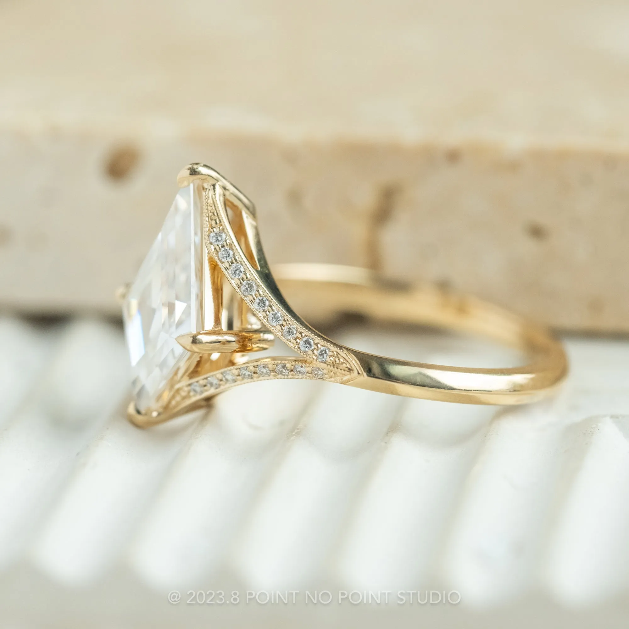1.34 Carat White Kite Moissanite Engagement Ring, Mackenzie Setting, 14K Yellow Gold