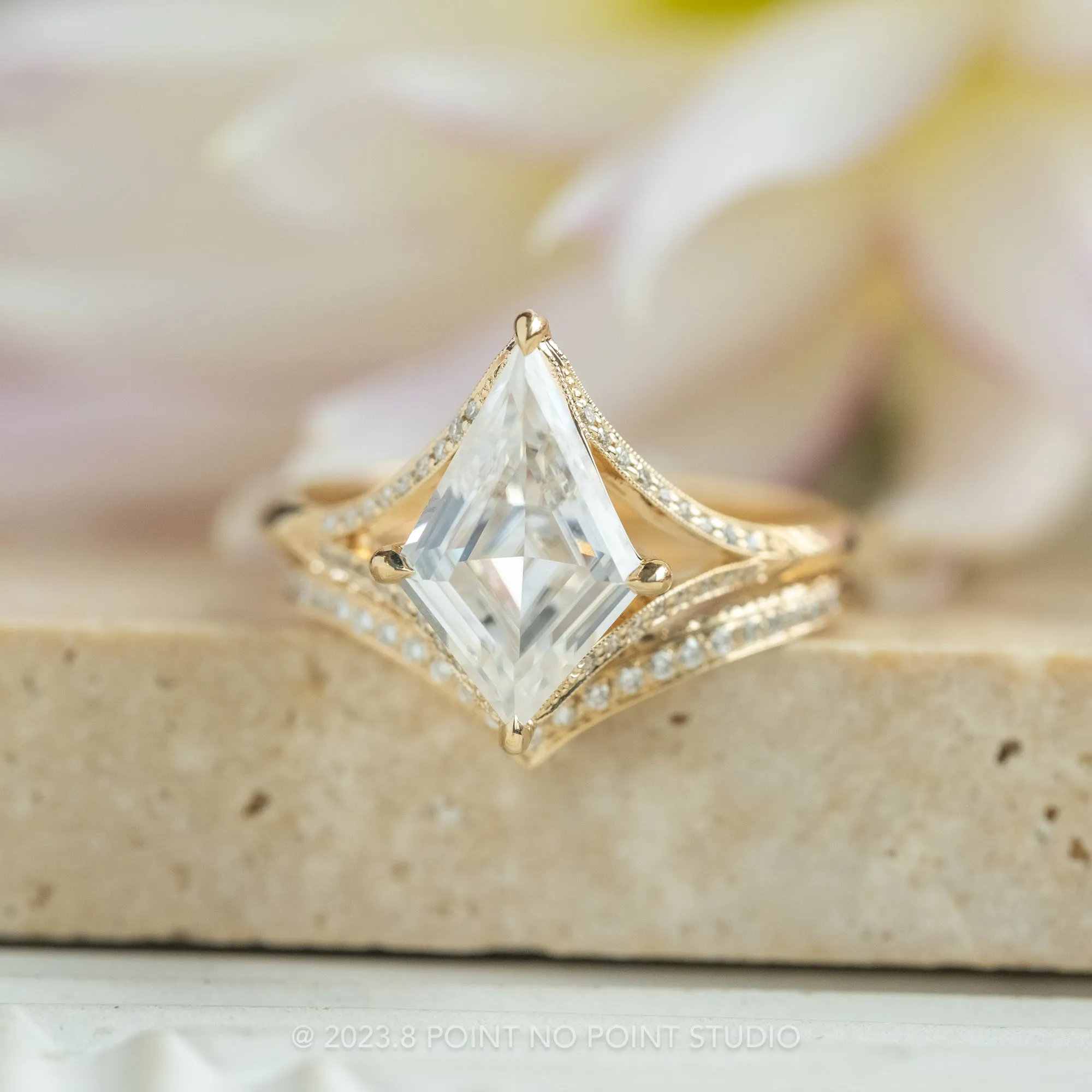 1.34 Carat White Kite Moissanite Engagement Ring, Mackenzie Setting, 14K Yellow Gold
