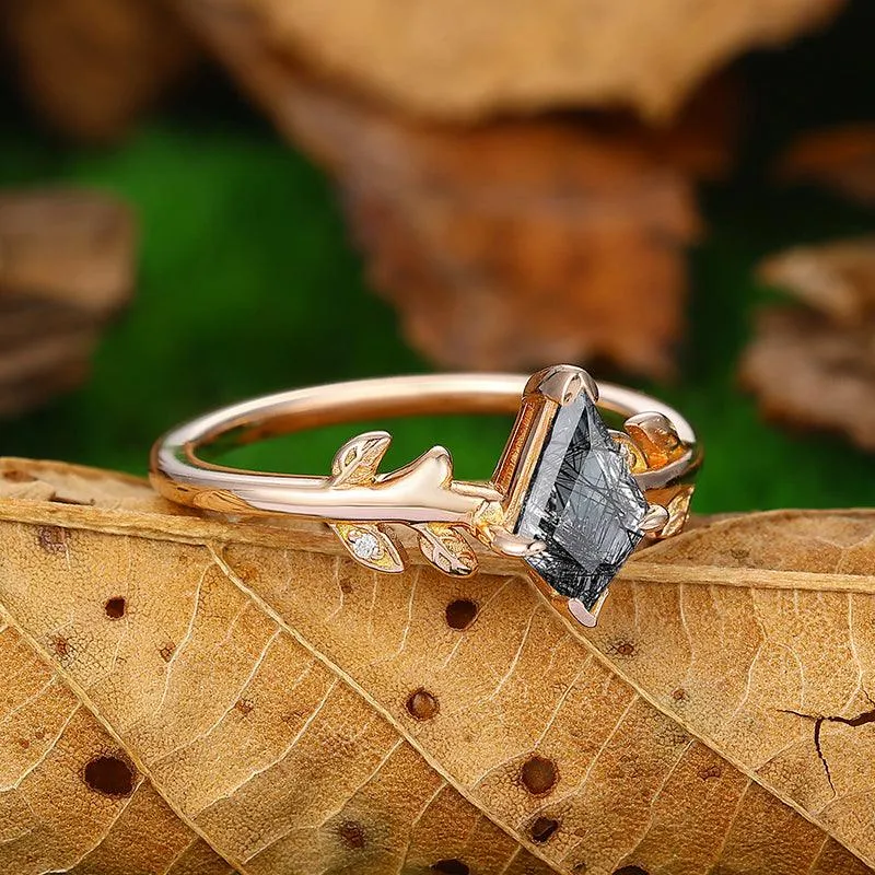 1.35 Carat Kite Cut Nature Inspired Leaf Design Natural Black Rutilated Quartz Promise Gift Ring