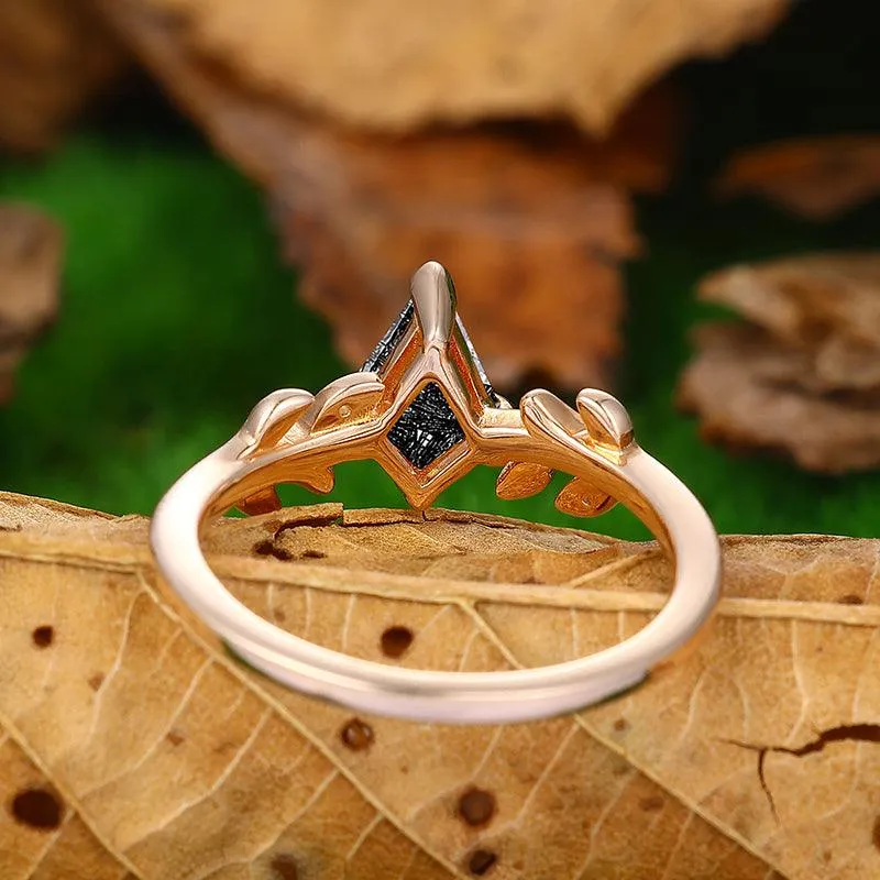 1.35 Carat Kite Cut Nature Inspired Leaf Design Natural Black Rutilated Quartz Promise Gift Ring