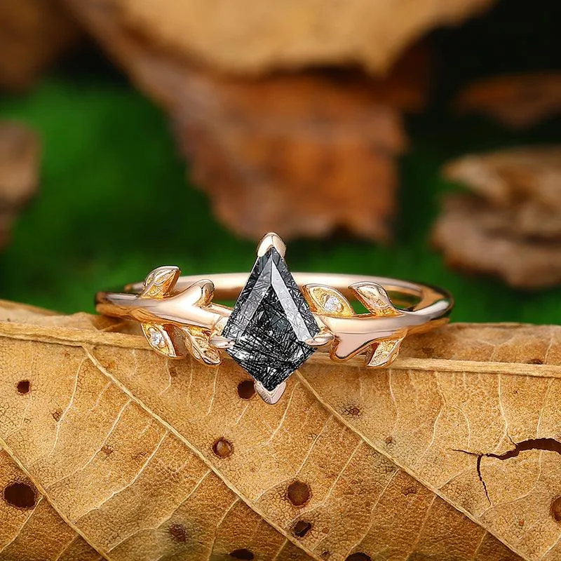 1.35 Carat Kite Cut Nature Inspired Leaf Design Natural Black Rutilated Quartz Promise Gift Ring