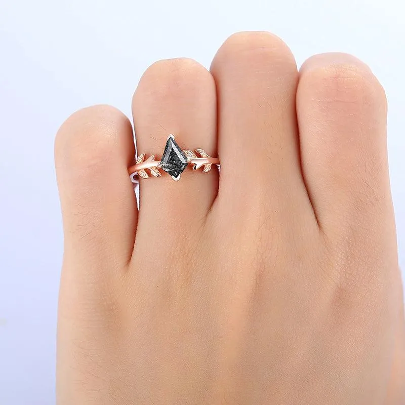 1.35 Carat Kite Cut Nature Inspired Leaf Design Natural Black Rutilated Quartz Promise Gift Ring