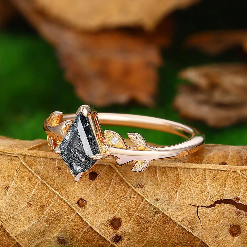 1.35 Carat Kite Cut Nature Inspired Leaf Design Natural Black Rutilated Quartz Promise Gift Ring