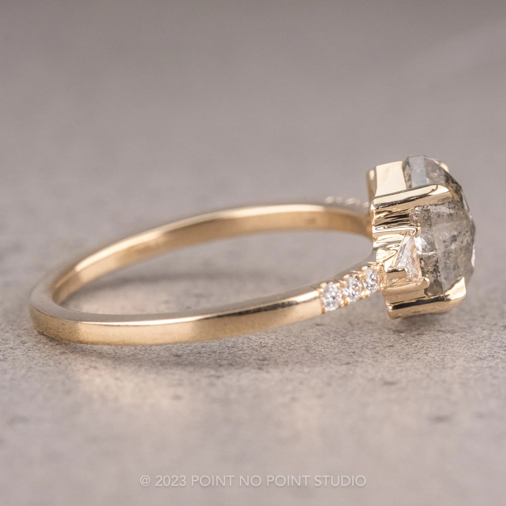 1.35 Carat Salt and Pepper Hexagon Diamond Engagement Ring, Eliza Setting, 14K Yellow Gold
