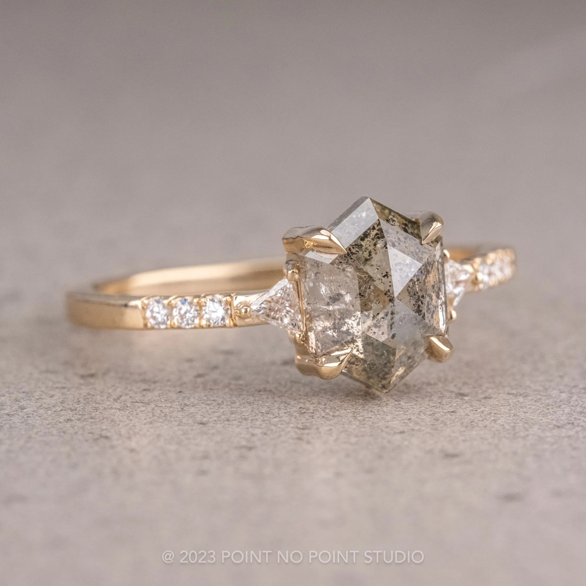 1.35 Carat Salt and Pepper Hexagon Diamond Engagement Ring, Eliza Setting, 14K Yellow Gold