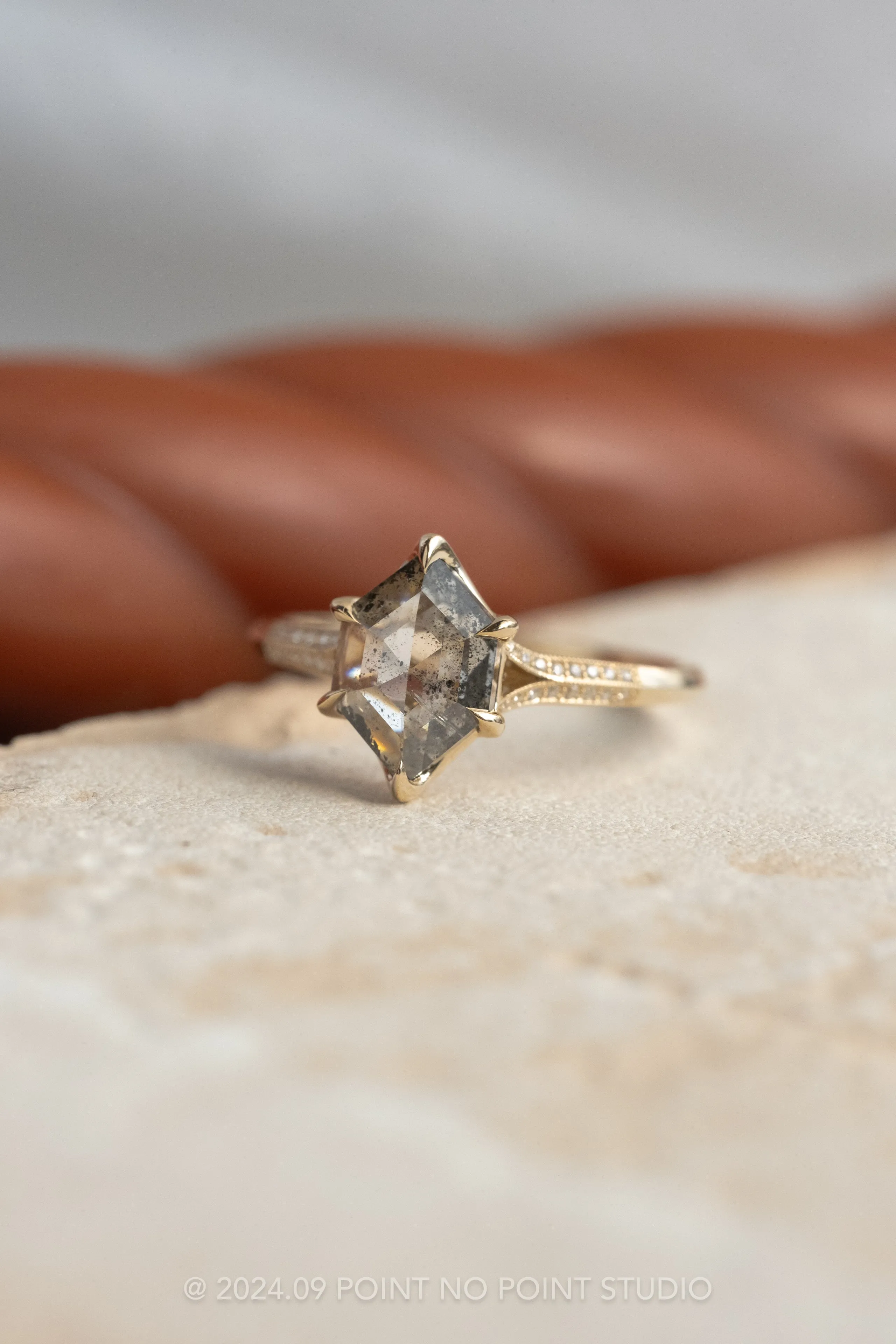 1.35 Carat Salt and Pepper Hexagon Diamond Engagement Ring, Mackenzie Setting, 14K Yellow Gold