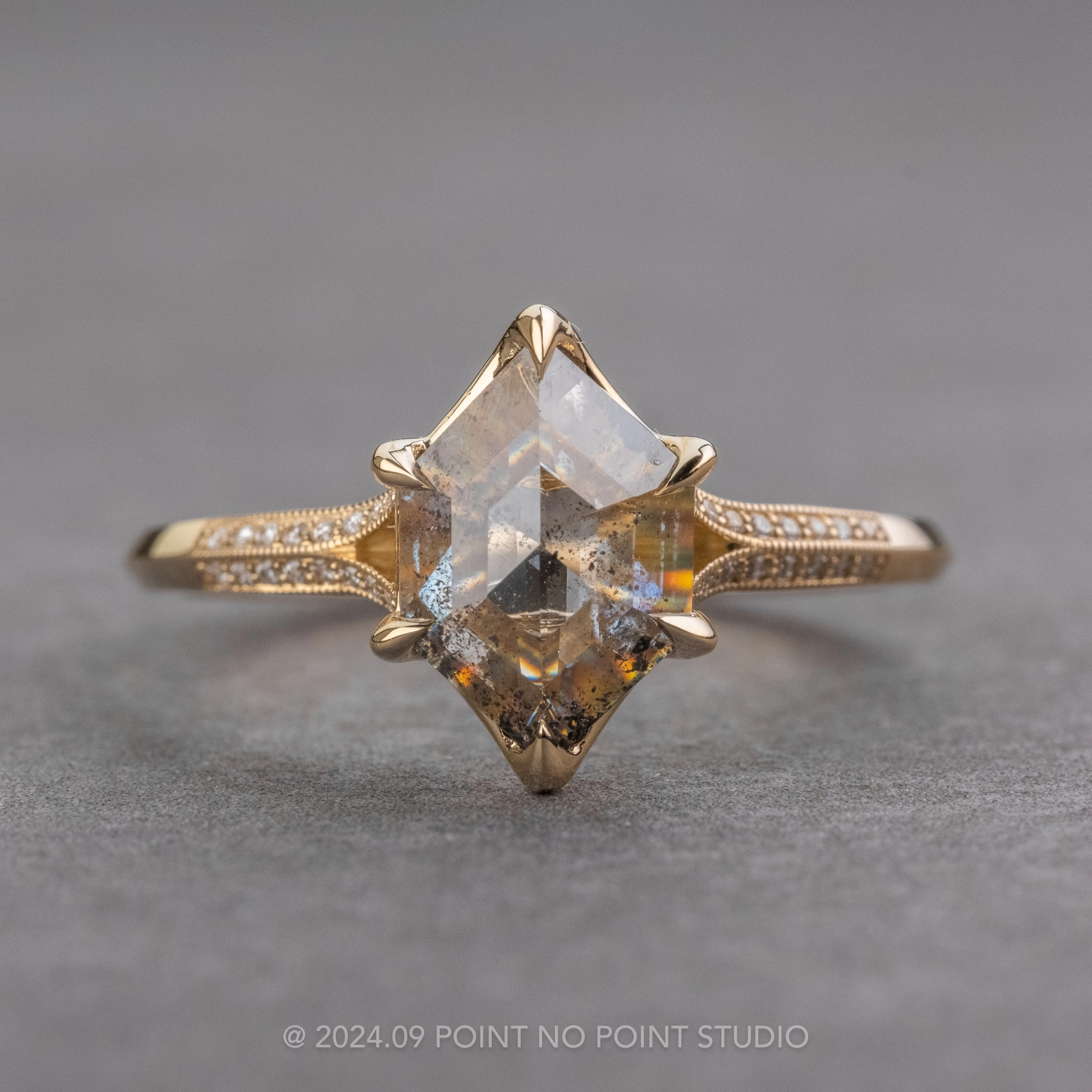 1.35 Carat Salt and Pepper Hexagon Diamond Engagement Ring, Mackenzie Setting, 14K Yellow Gold