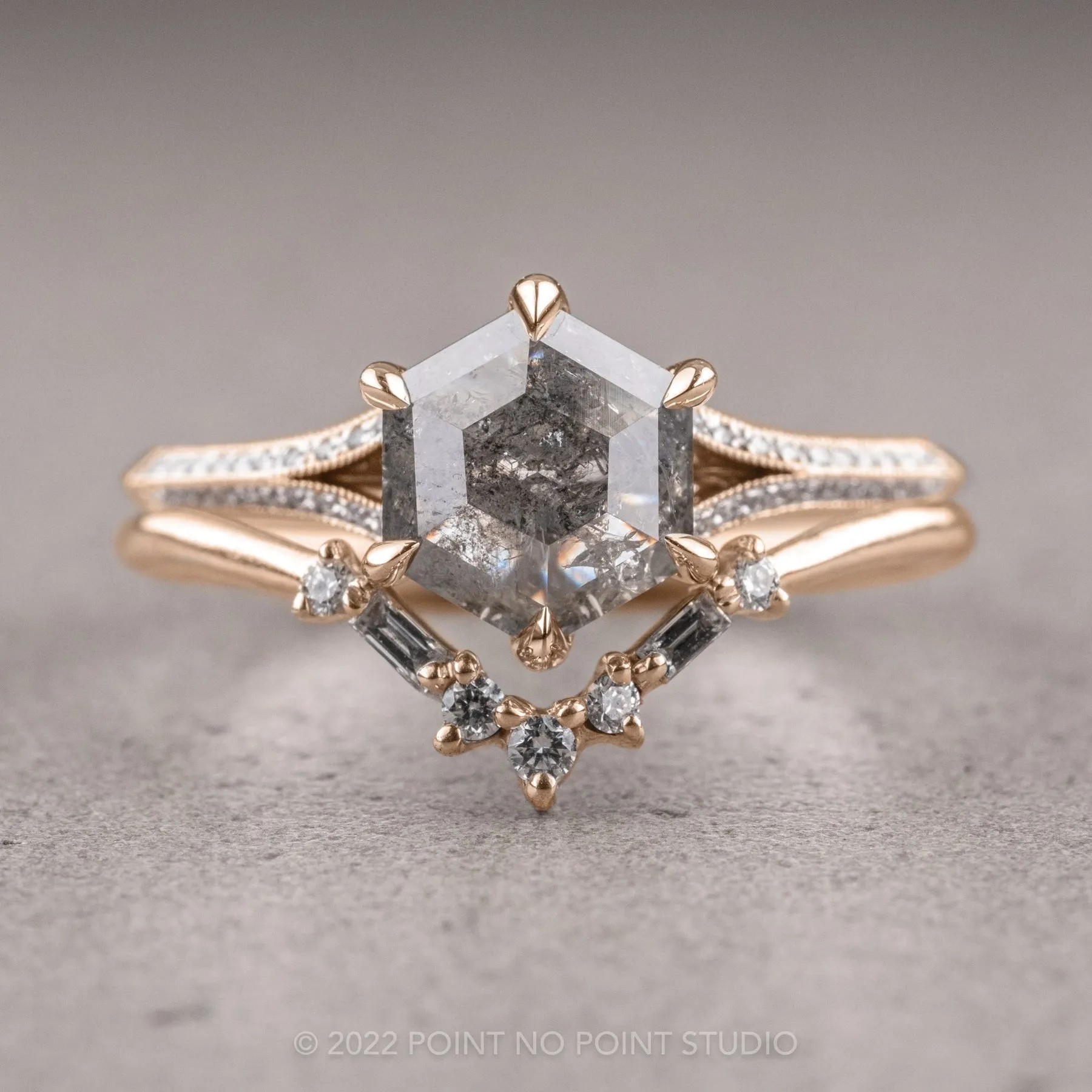1.36 Carat Salt and Pepper Hexagon Diamond Engagement Ring, Mackenzie Setting, 14K Rose Gold
