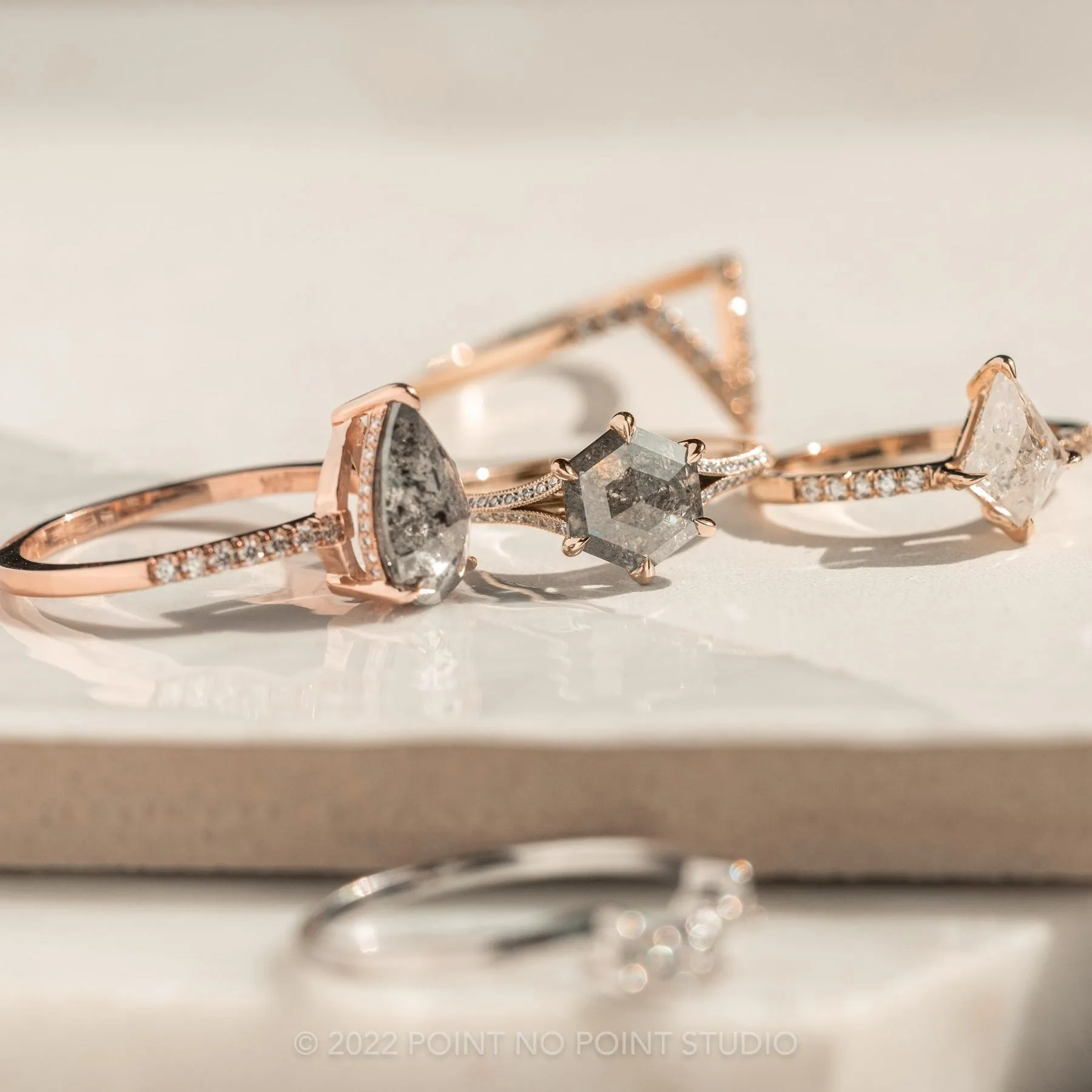 1.36 Carat Salt and Pepper Hexagon Diamond Engagement Ring, Mackenzie Setting, 14K Rose Gold