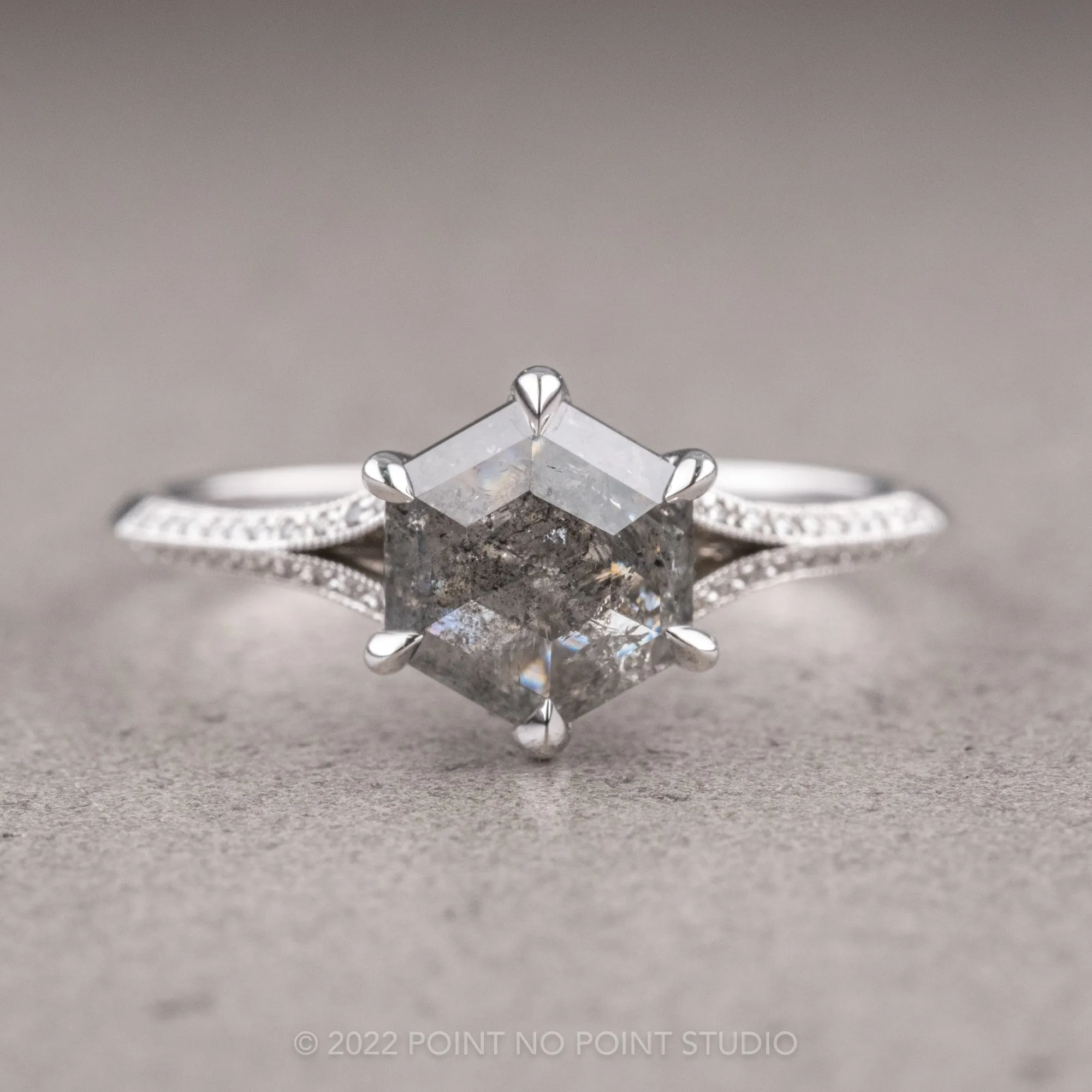 1.36 Carat Salt and Pepper Hexagon Diamond Engagement Ring, Mackenzie Setting, 14K White Gold