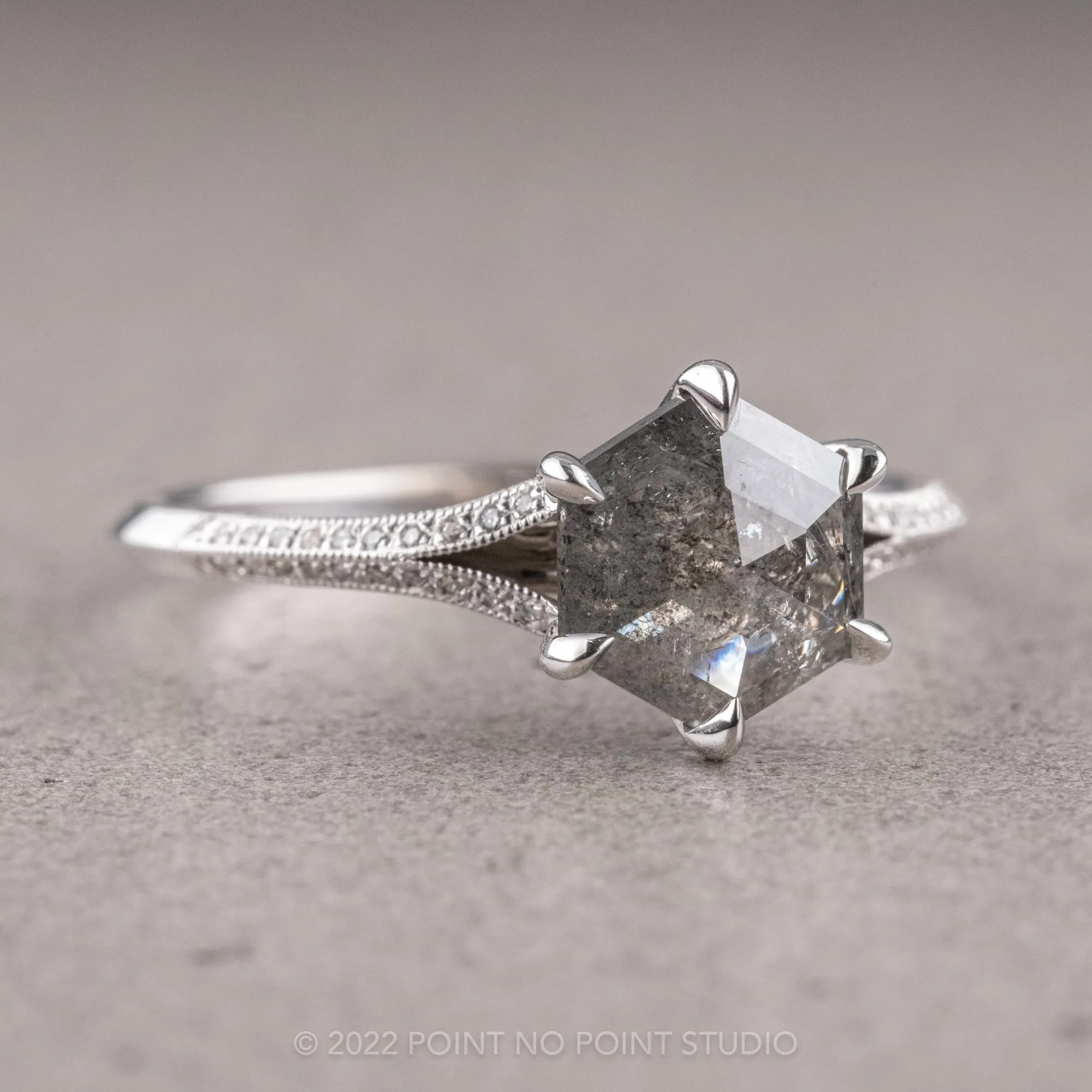 1.36 Carat Salt and Pepper Hexagon Diamond Engagement Ring, Mackenzie Setting, 14K White Gold
