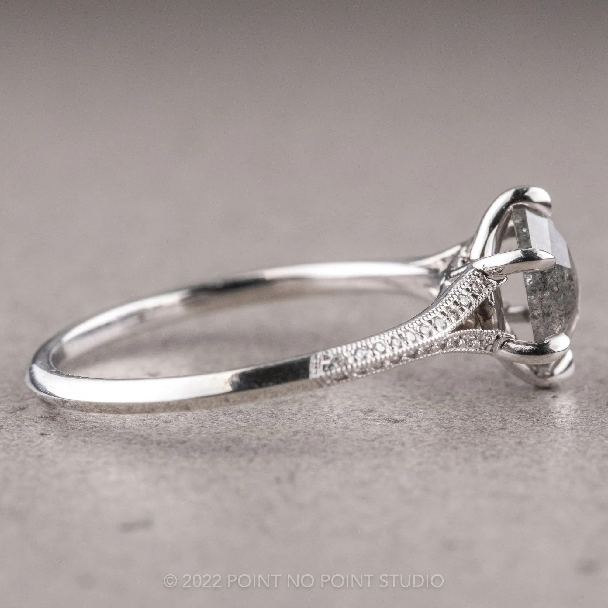 1.36 Carat Salt and Pepper Hexagon Diamond Engagement Ring, Mackenzie Setting, 14K White Gold