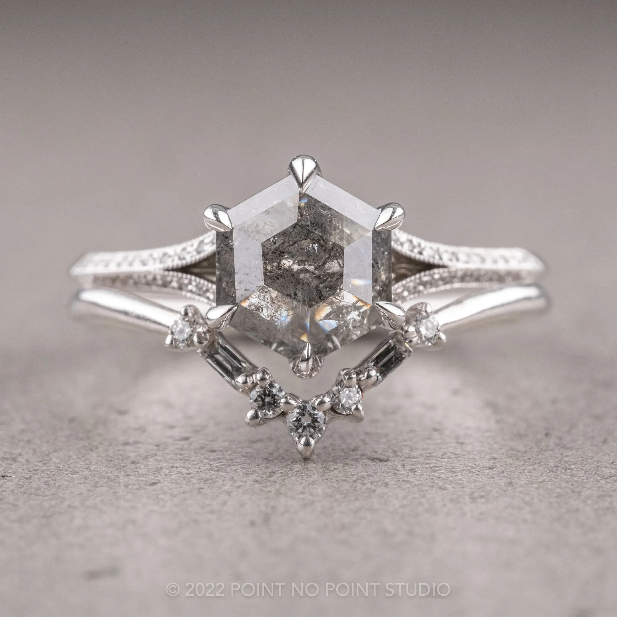 1.36 Carat Salt and Pepper Hexagon Diamond Engagement Ring, Mackenzie Setting, 14K White Gold