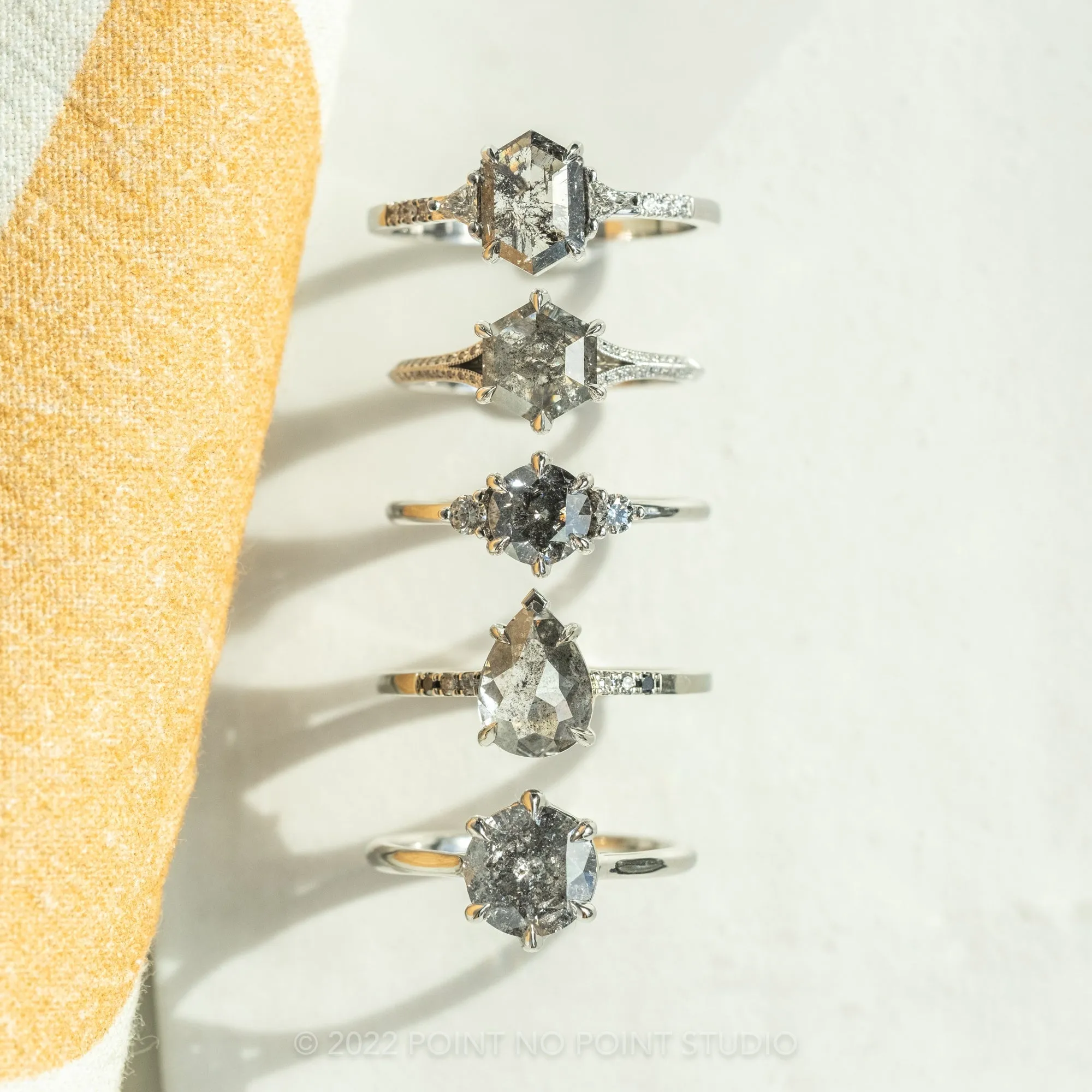 1.36 Carat Salt and Pepper Hexagon Diamond Engagement Ring, Mackenzie Setting, 14K White Gold